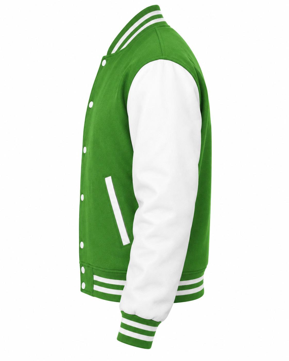 Kelly Green Wool and White Leather Sleeves Varsity Jacket Left Sleeve View