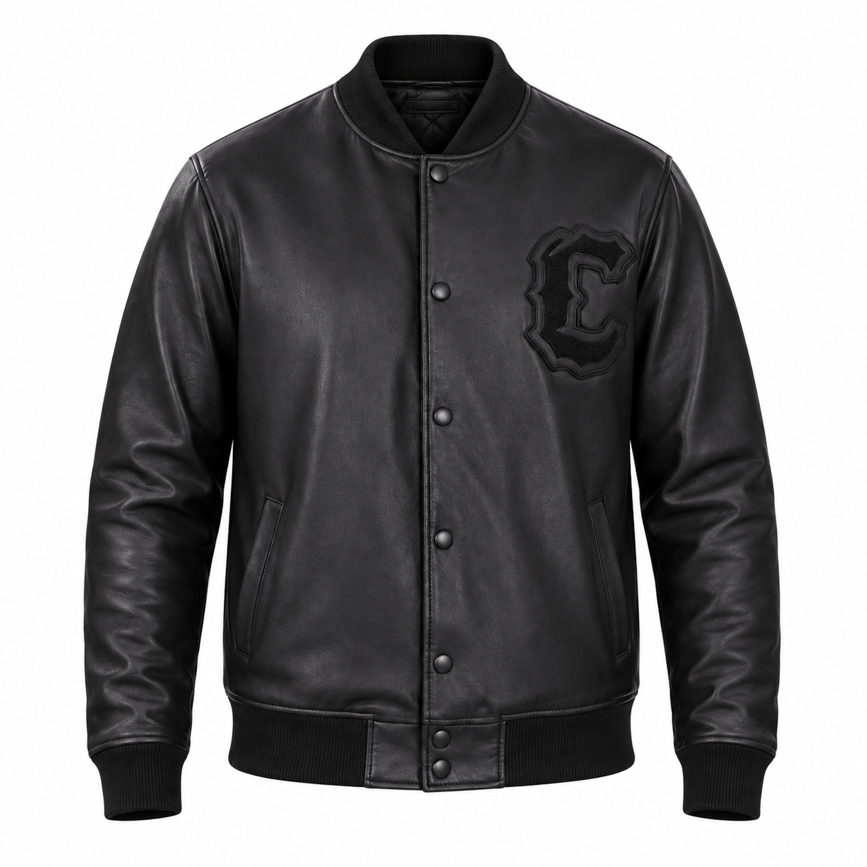 Luxurious All-Black Nappa Leather Letterman Jacket Front View