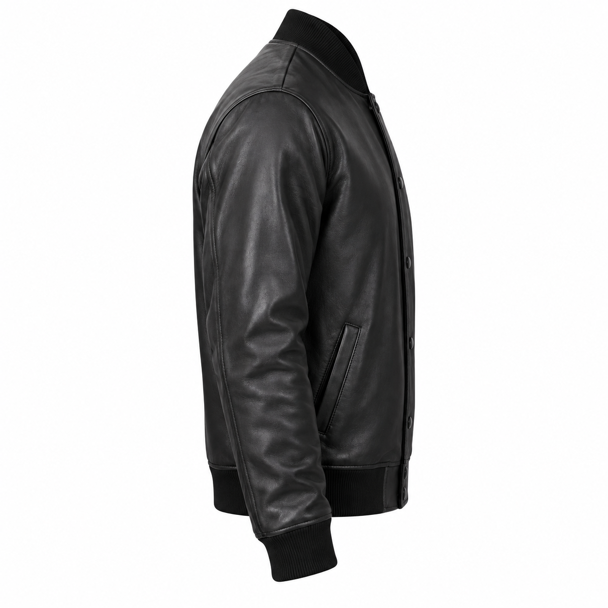 Luxurious All-Black Nappa Leather Letterman Jacket Right Sleeve View