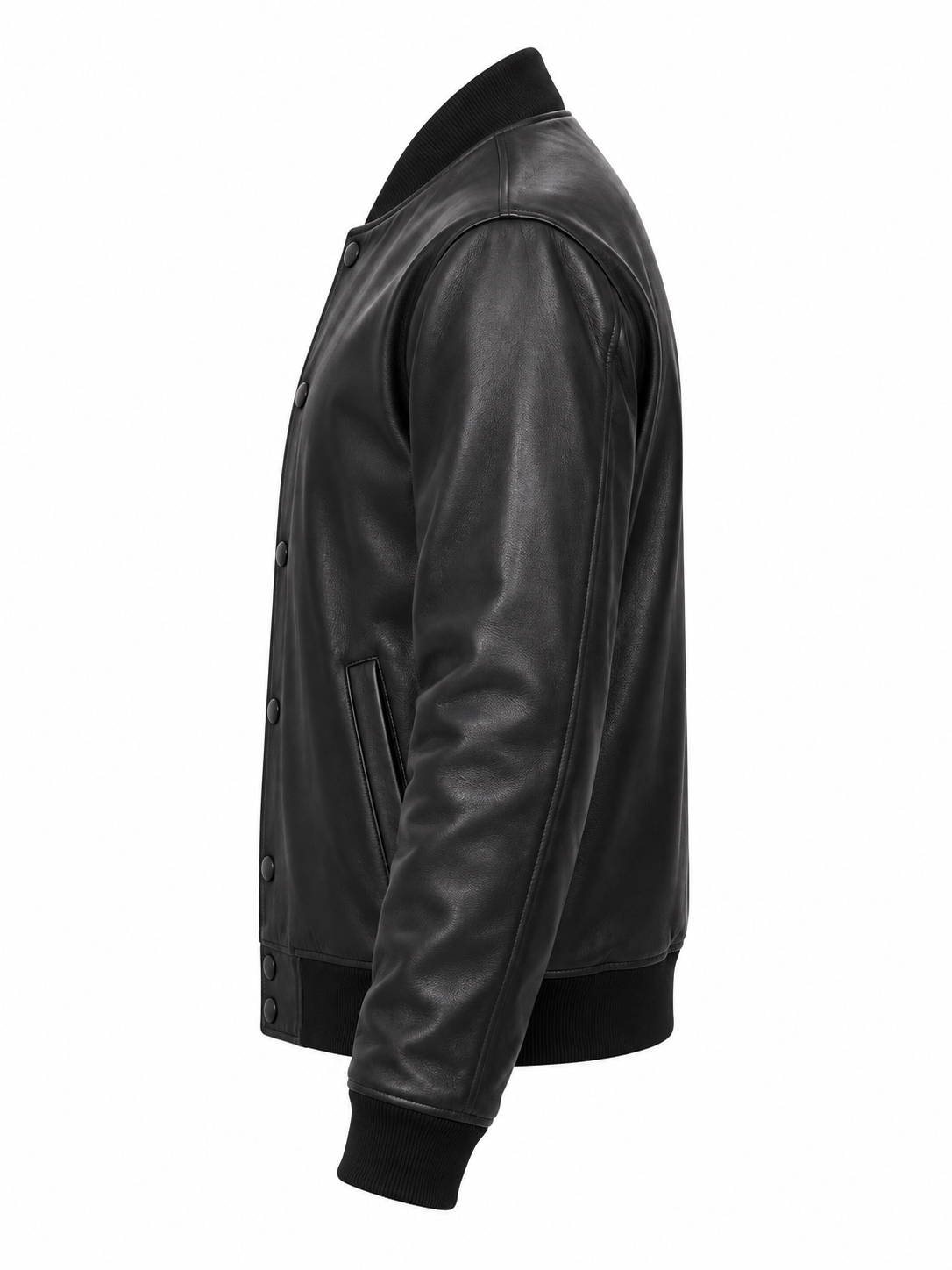 Luxurious All-Black Nappa Leather Letterman Jacket Left Sleeve View