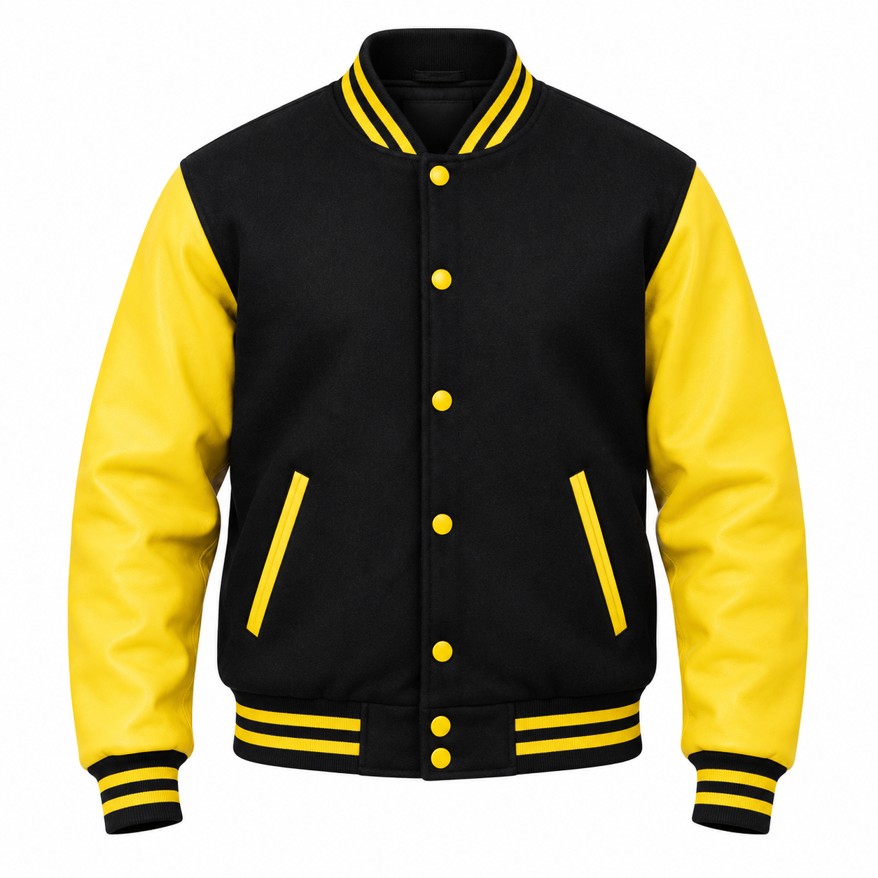 Black Wool and Yellow Leather Sleeves Letterman Jacket Front View
