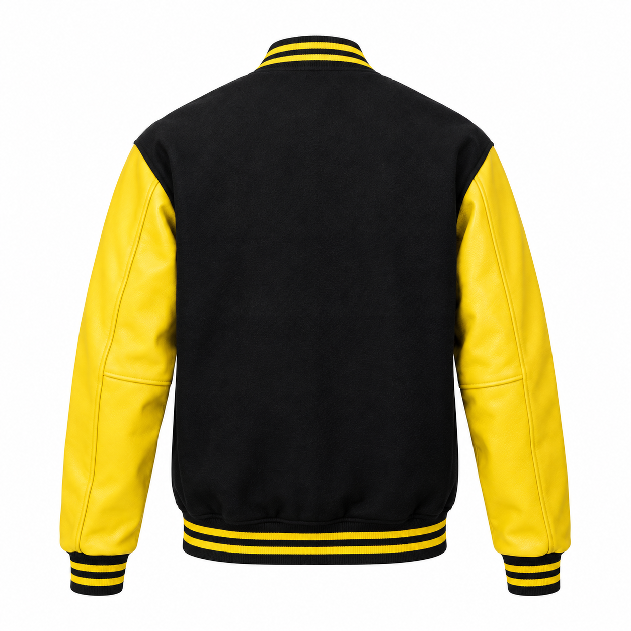Black Wool and Yellow Leather Sleeves Letterman Jacket Back View