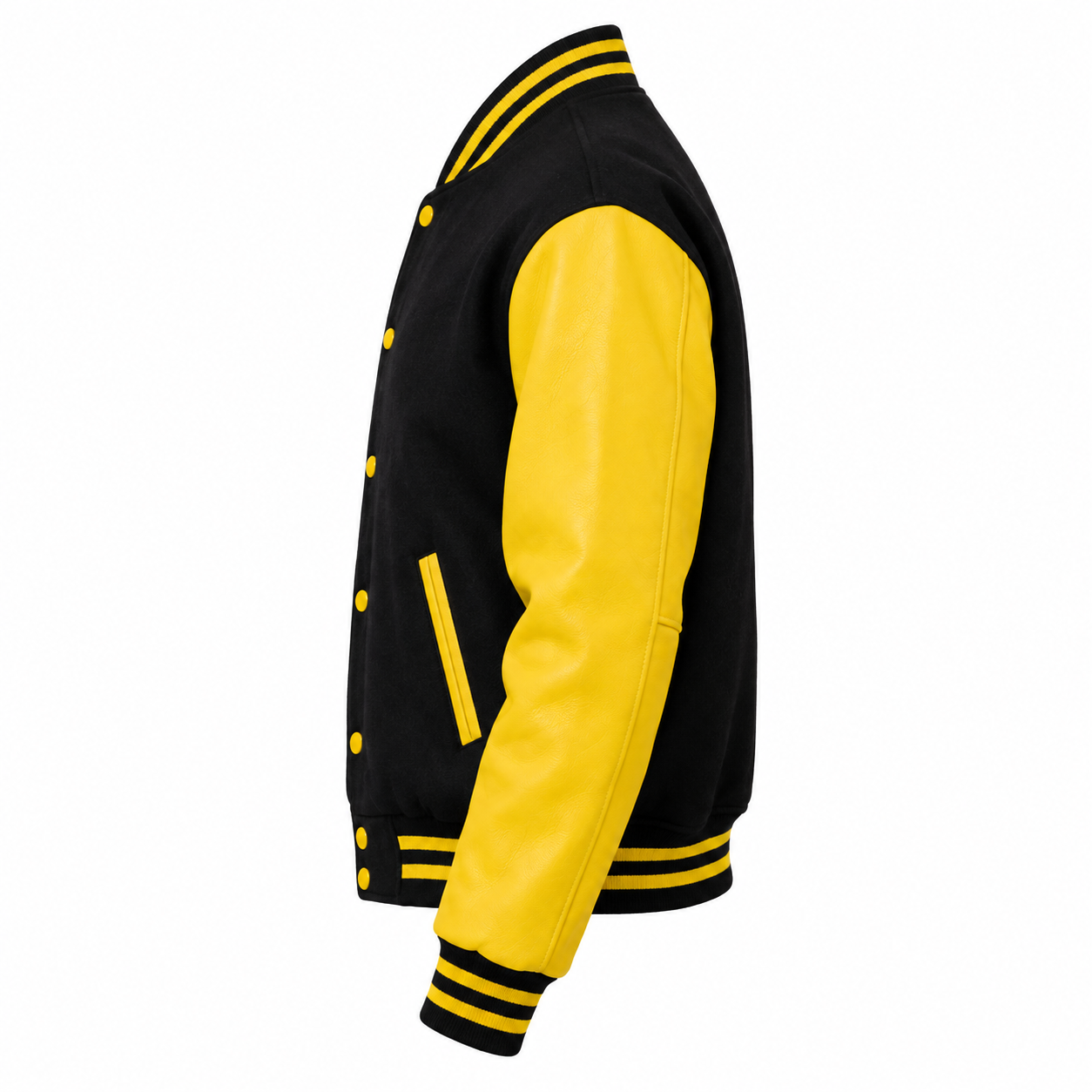 Black Wool and Yellow Leather Sleeves Letterman Jacket Left Sleeve View
