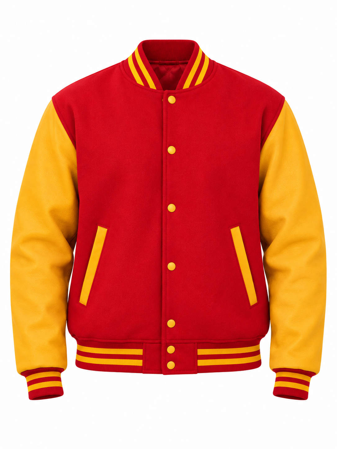 Red Wool and Gold Leather Sleeves Letterman Jacket Front View