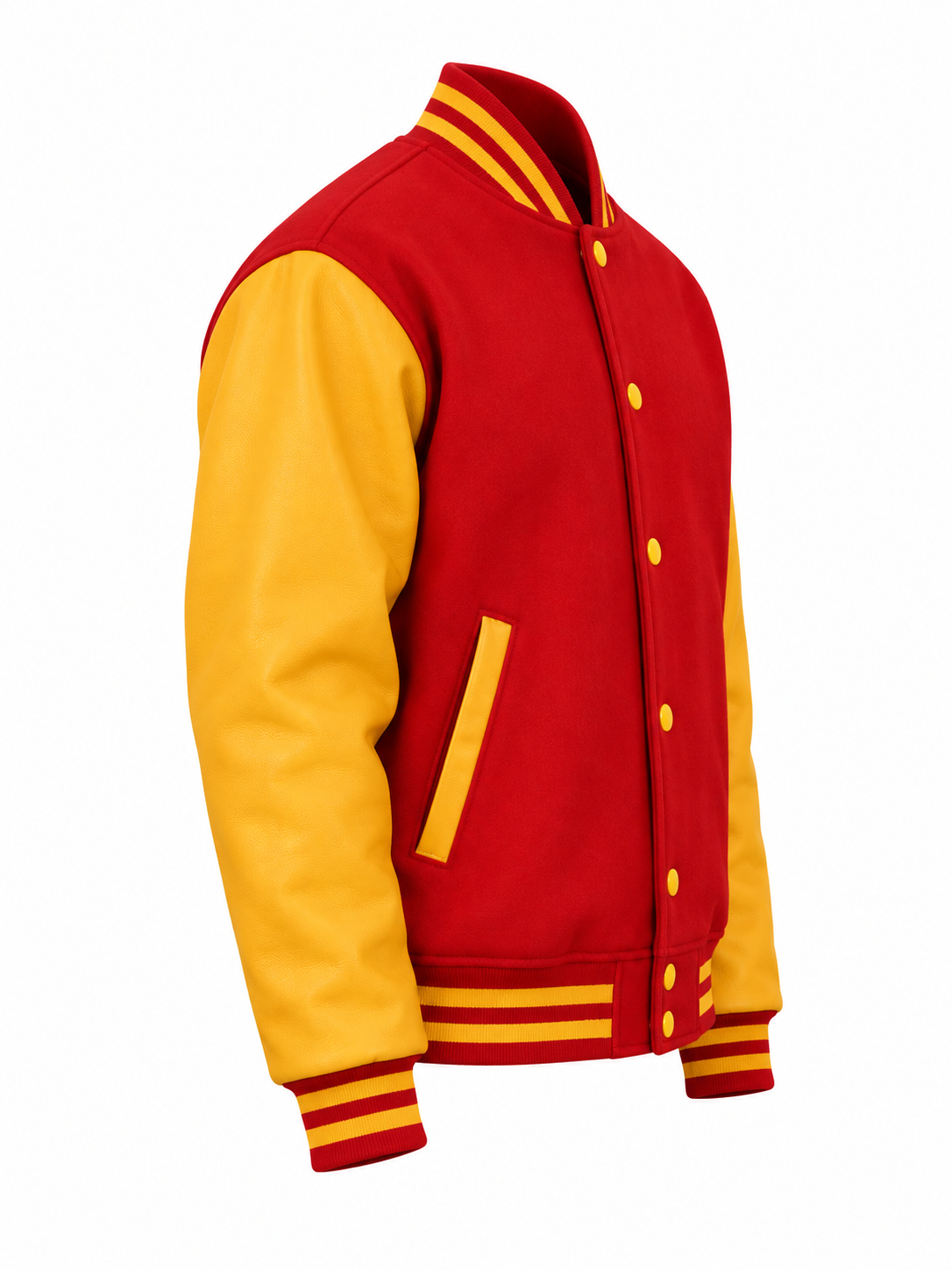 Red Wool and Gold Leather Sleeves Letterman Jacket Left Sleeve View