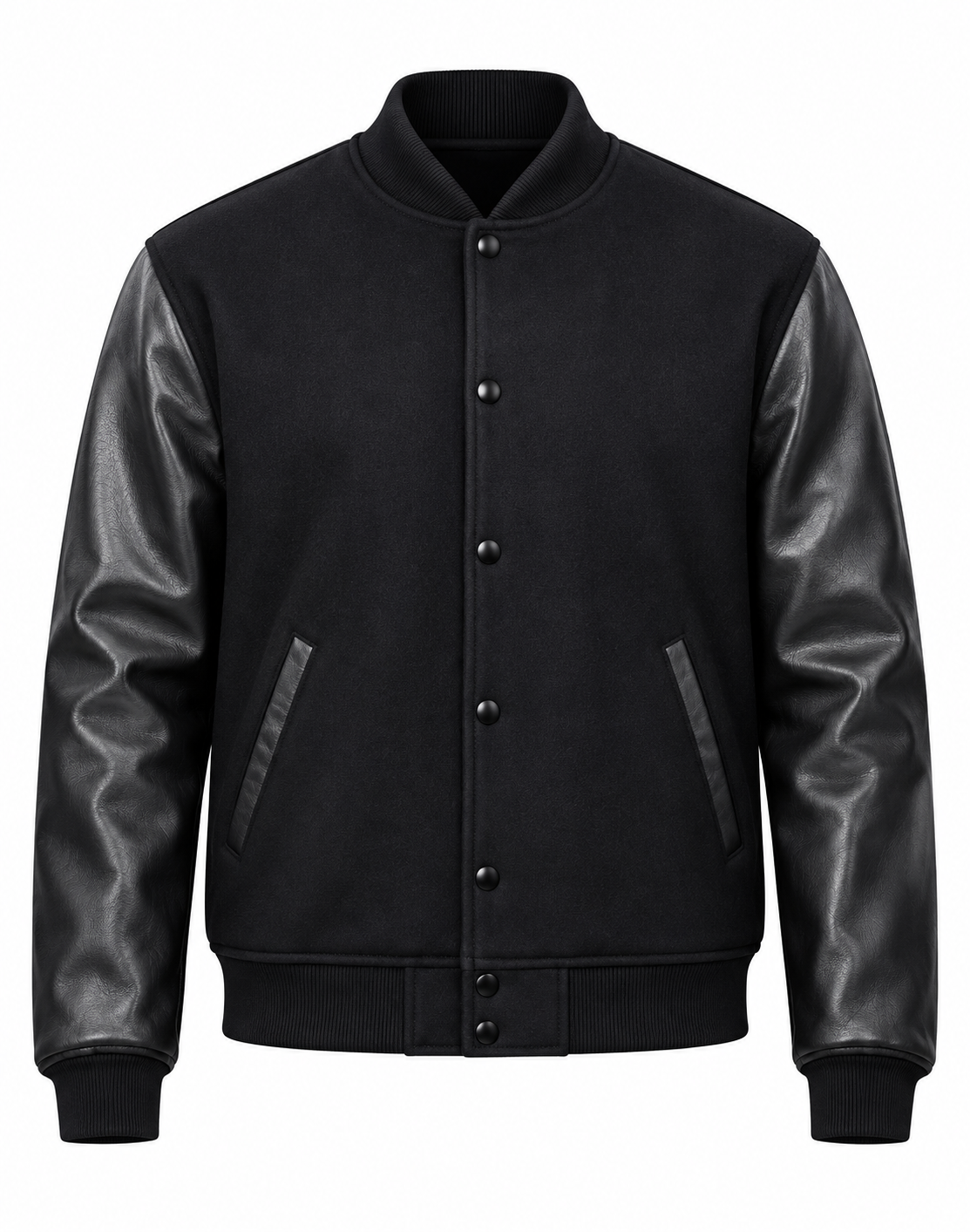 Black Wool and Black Leather Sleeves Letterman Jacket Front View