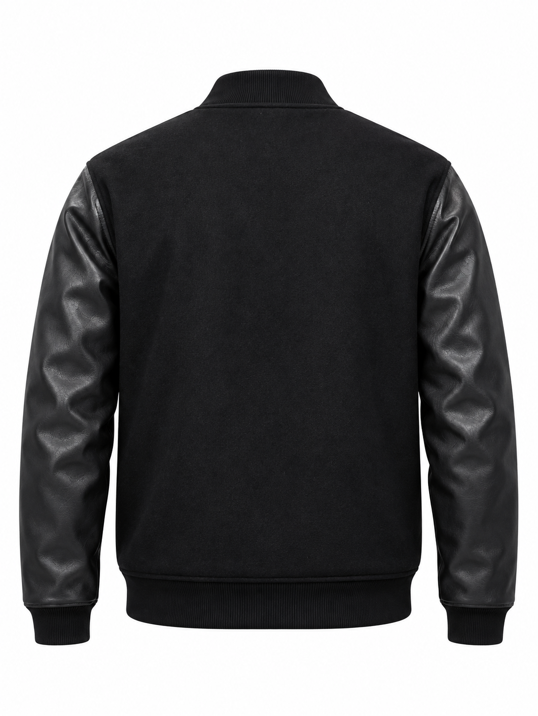 Black Wool and Black Leather Sleeves Letterman Jacket Back View