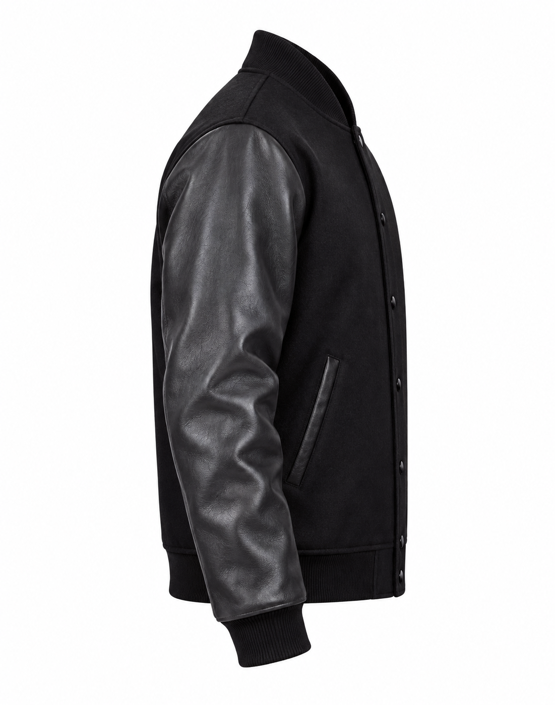 Black Wool and Black Leather Sleeves Letterman Jacket Right Sleeve View