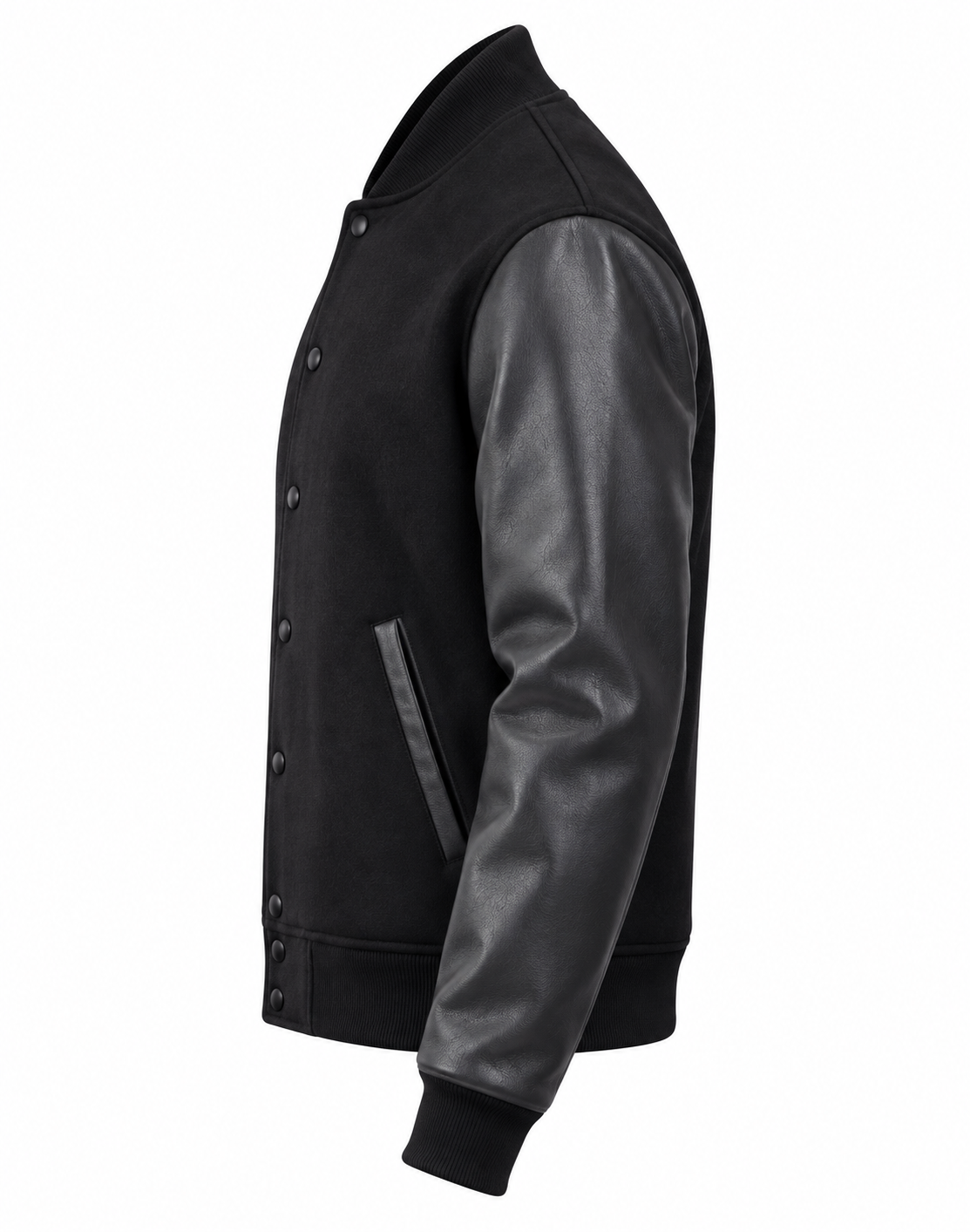 Black Wool and Black Leather Sleeves Letterman Jacket Left Sleeve View