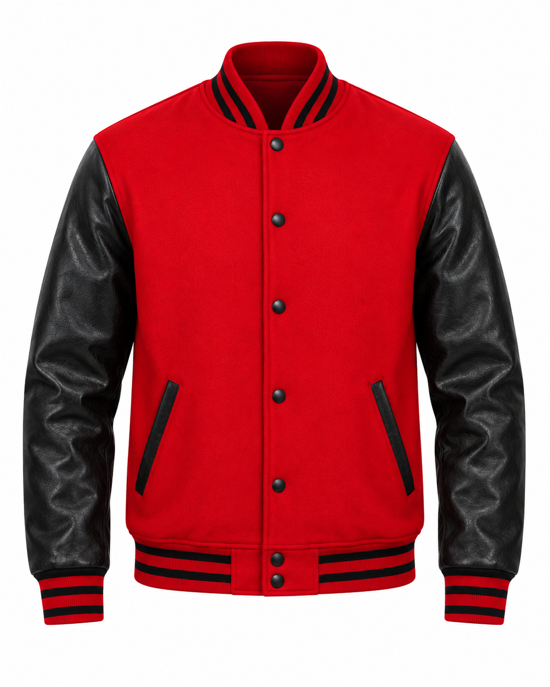 Red Wool and Black Leather Sleeves Letterman Jacket Front View
