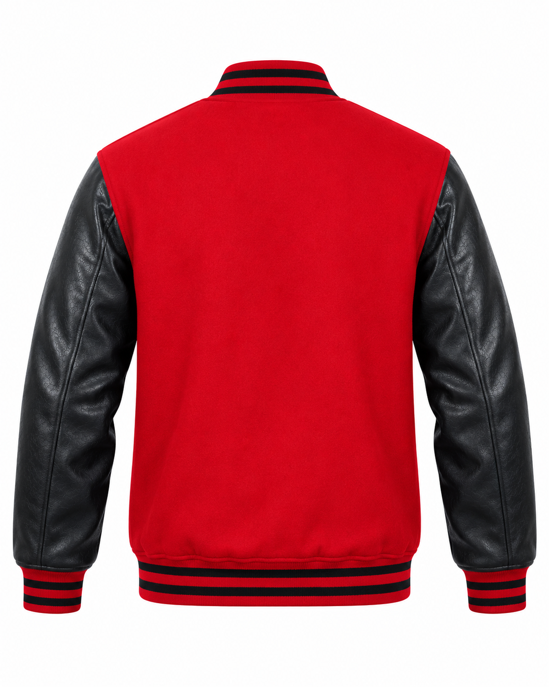 Red Wool and Black Leather Sleeves Letterman Jacket Back View