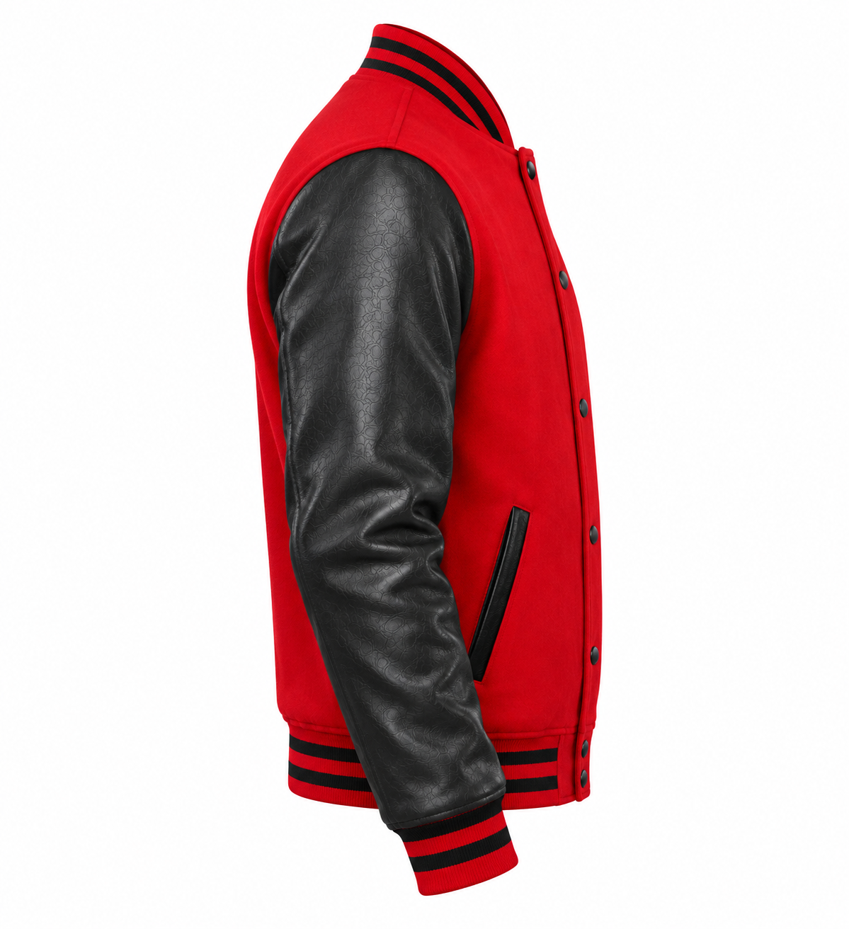 Red Wool and Black Leather Sleeves Letterman Jacket Right Sleeve View
