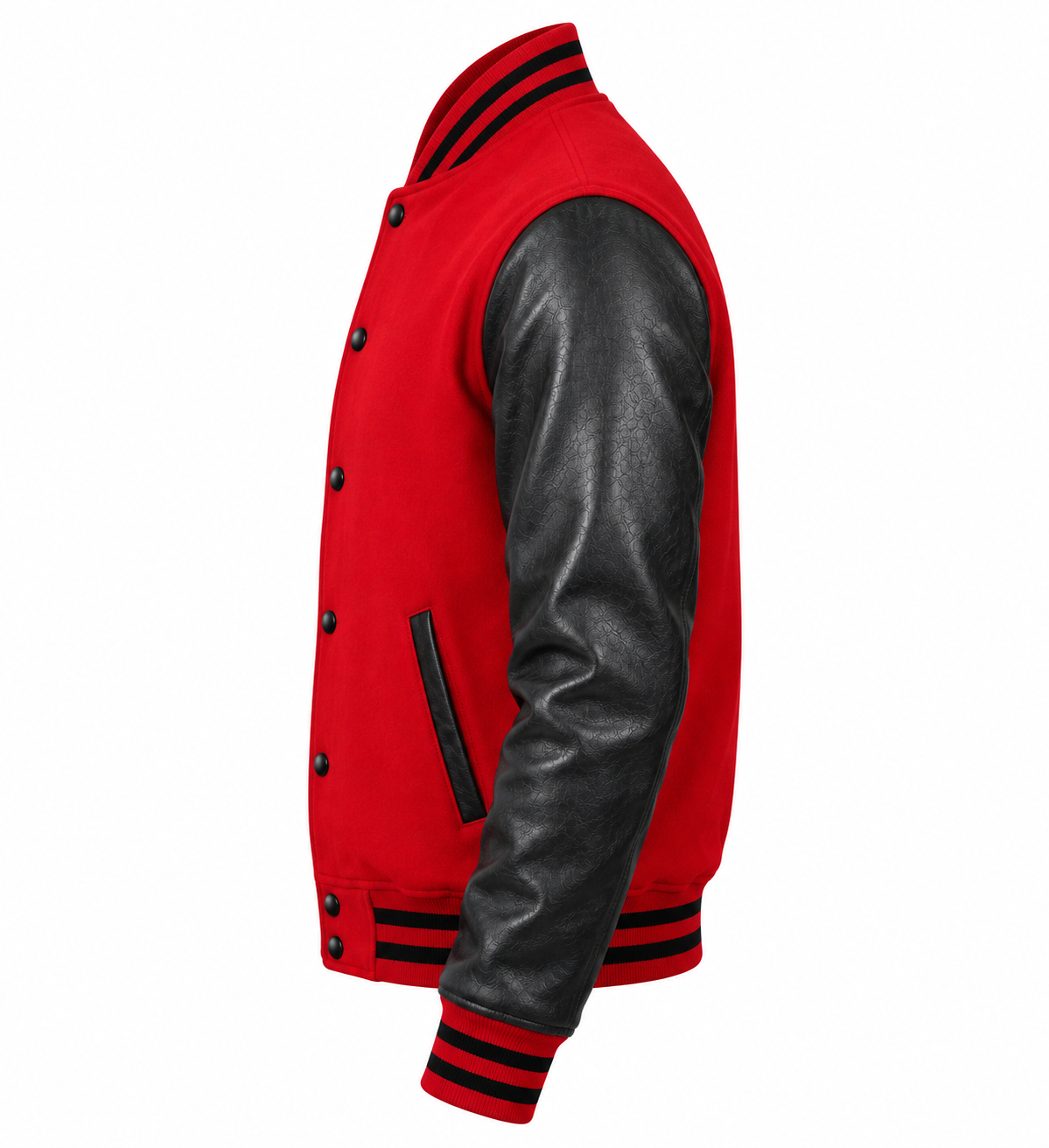 Red Wool and Black Leather Sleeves Letterman Jacket Left Sleeve View