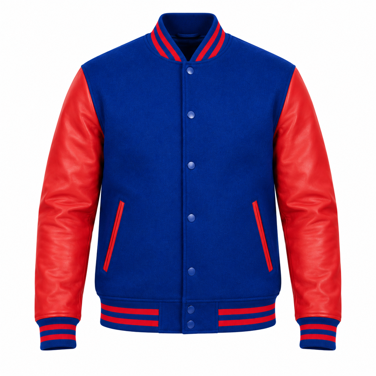 Royal Blue Wool and Red Leather Sleeves Letterman Jacket Front View
