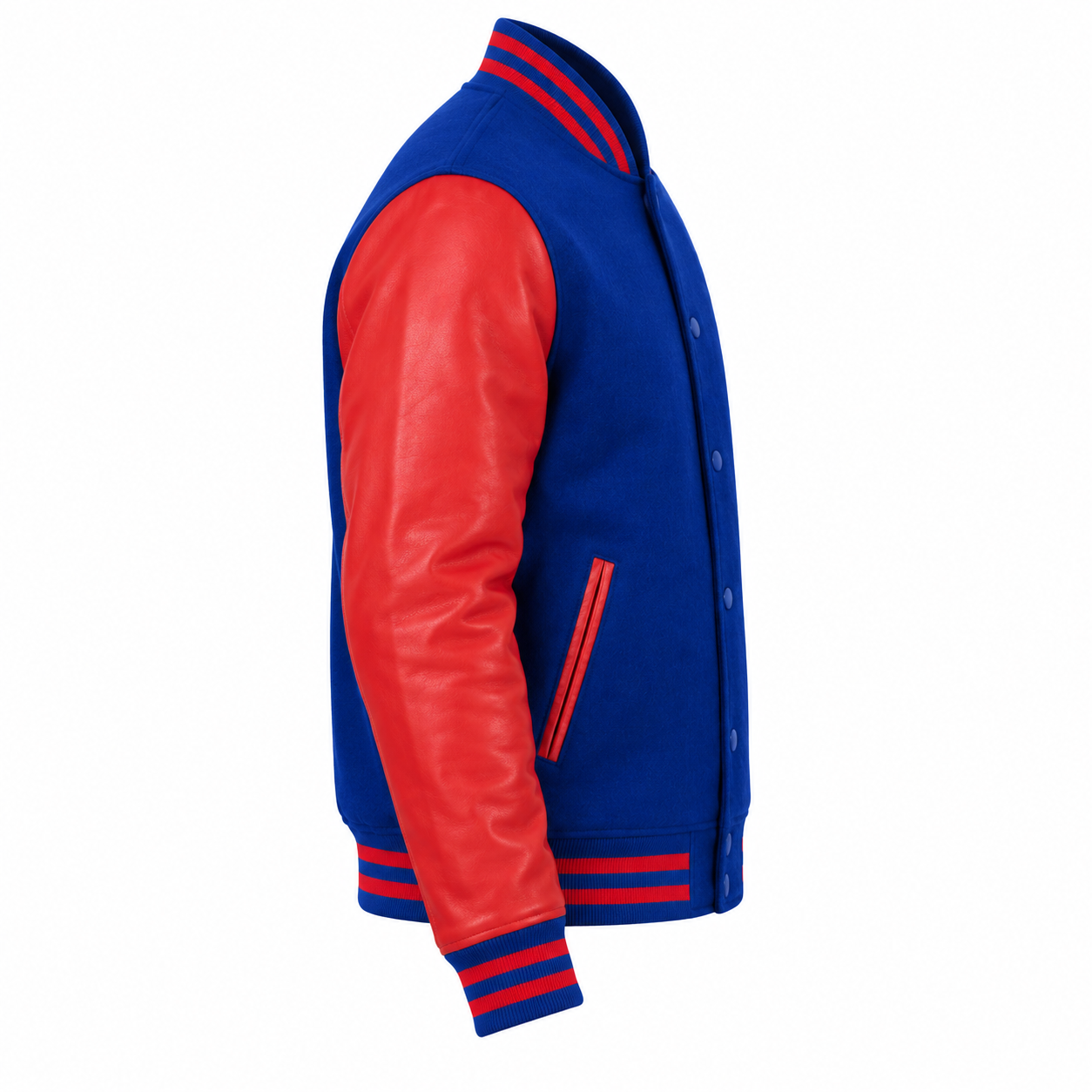 Royal Blue Wool and Red Leather Sleeves Letterman Jacket Right Sleeve View