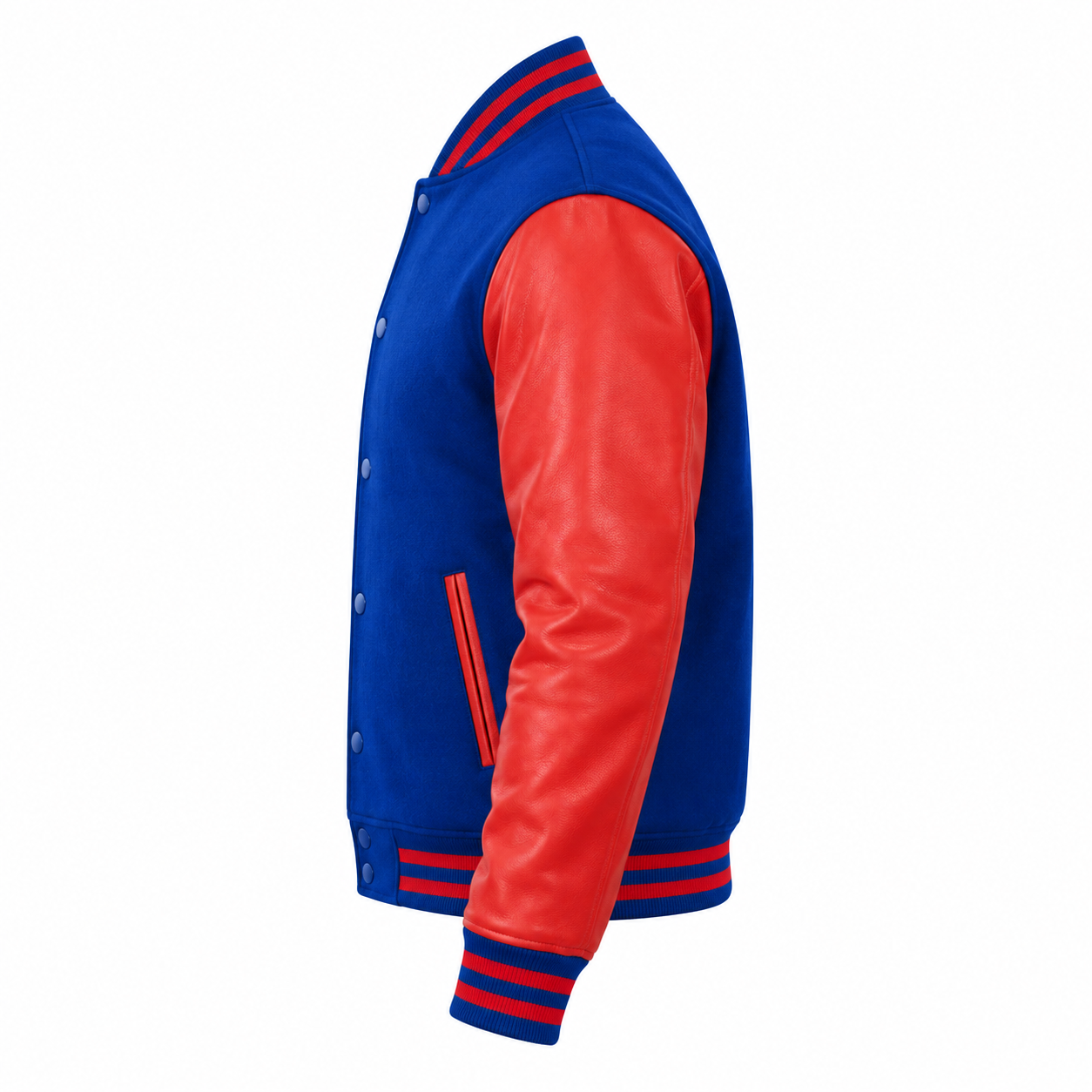 Royal Blue Wool and Red Leather Sleeves Letterman Jacket Left Sleeve View