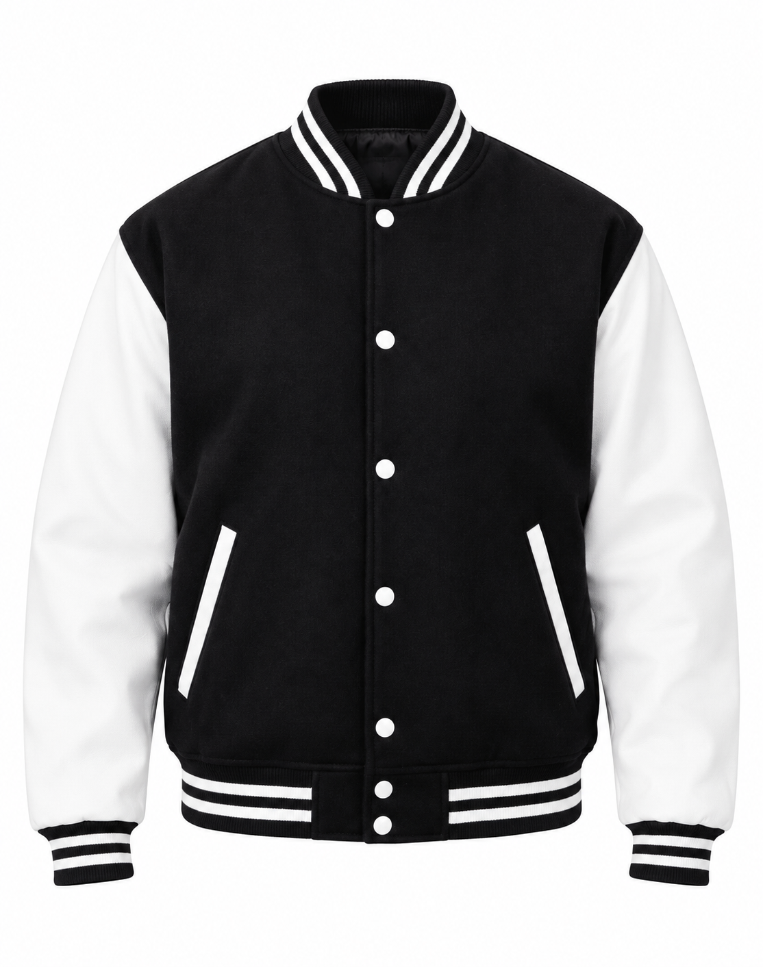 Black Wool and White Leather Sleeves Letterman Jacket Front View