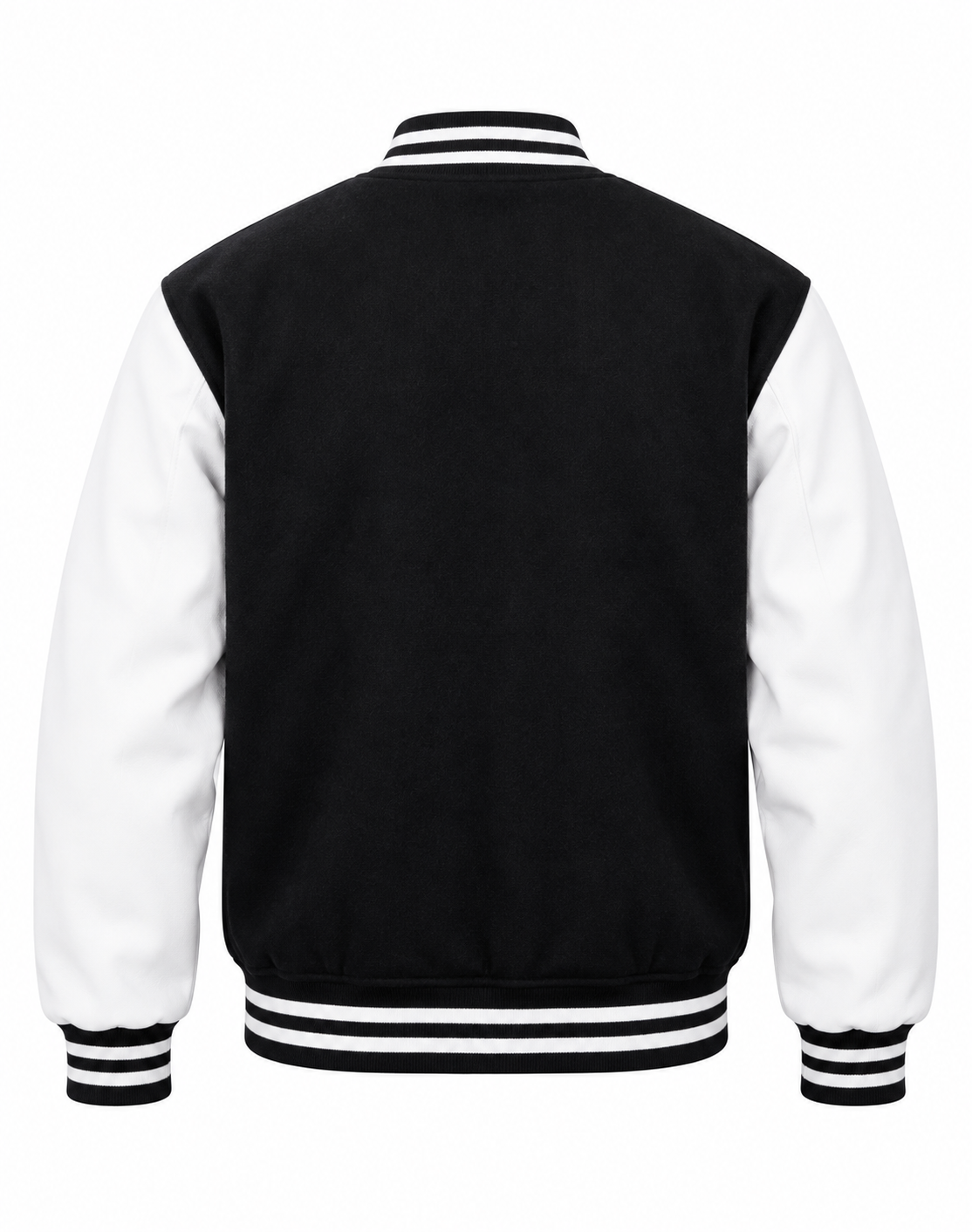 Black Wool and White Leather Sleeves Letterman Jacket Back View