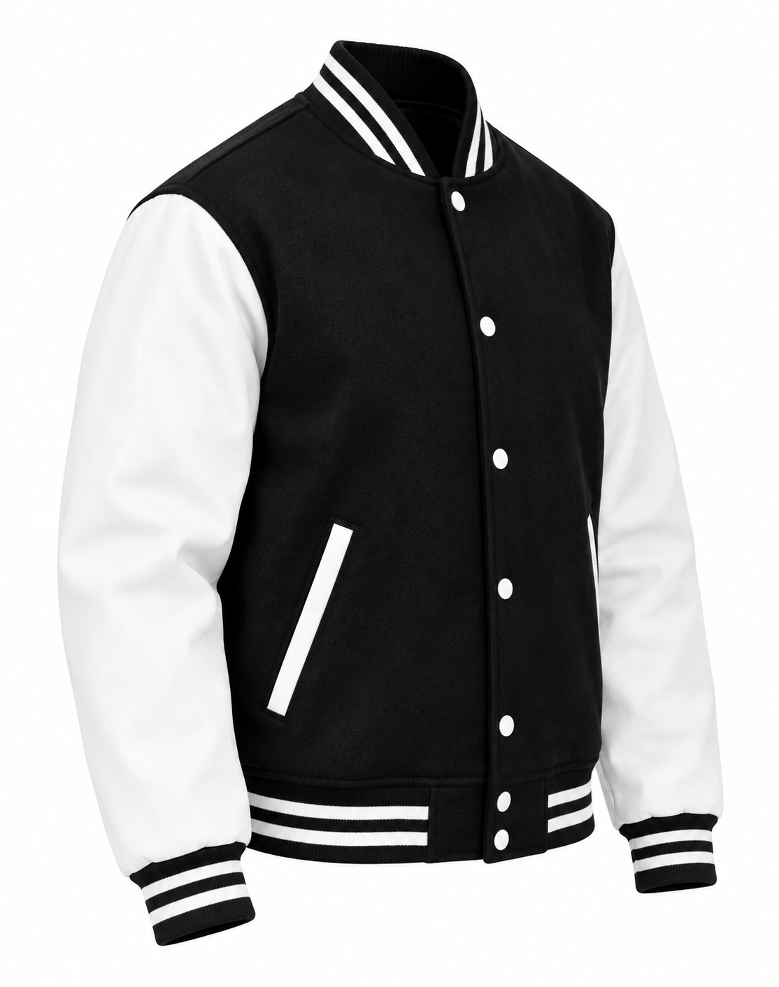 Black Wool and White Leather Sleeves Letterman Jacket Right Sleeve View
