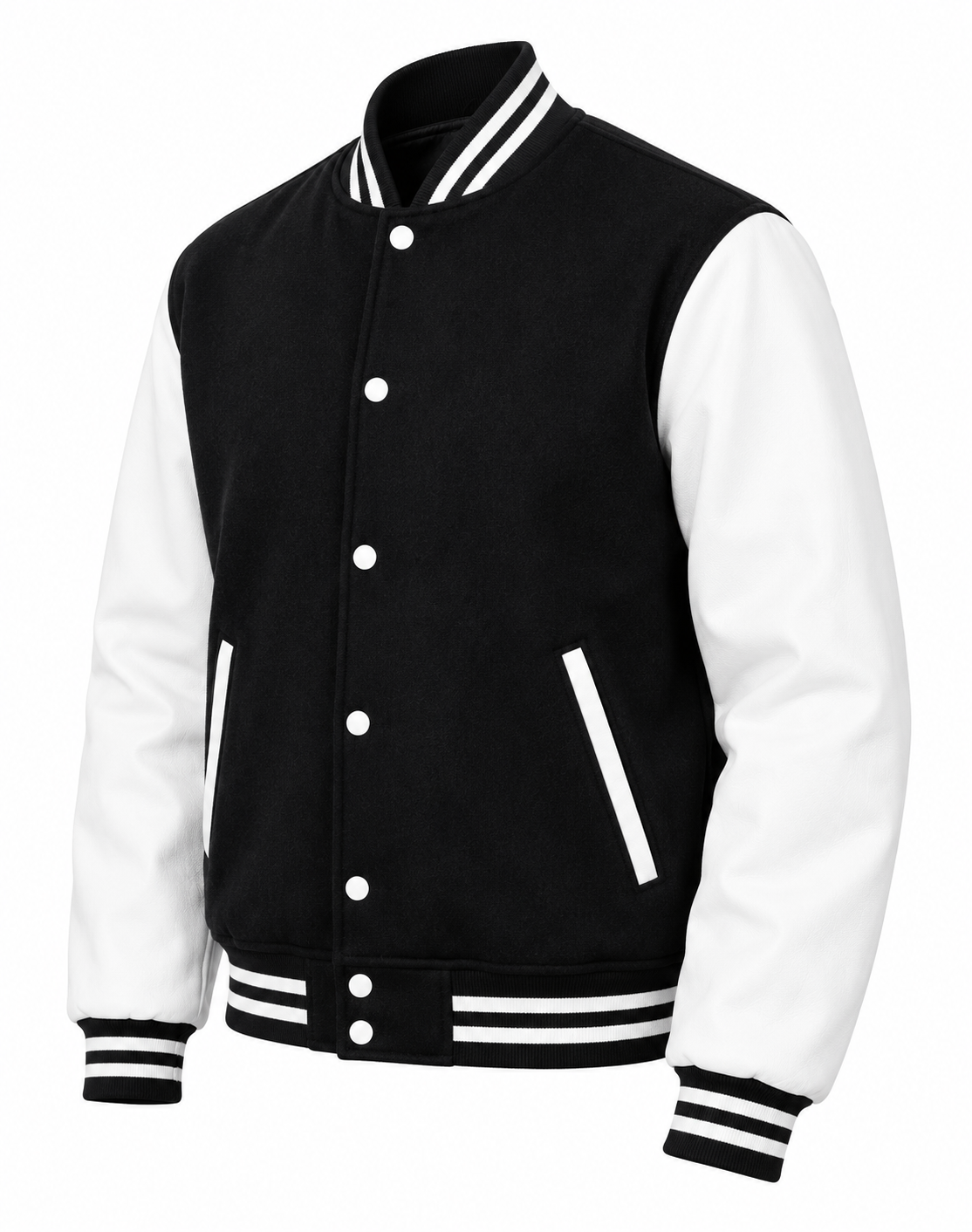 Black Wool and White Leather Sleeves Letterman Jacket Left Sleeve View