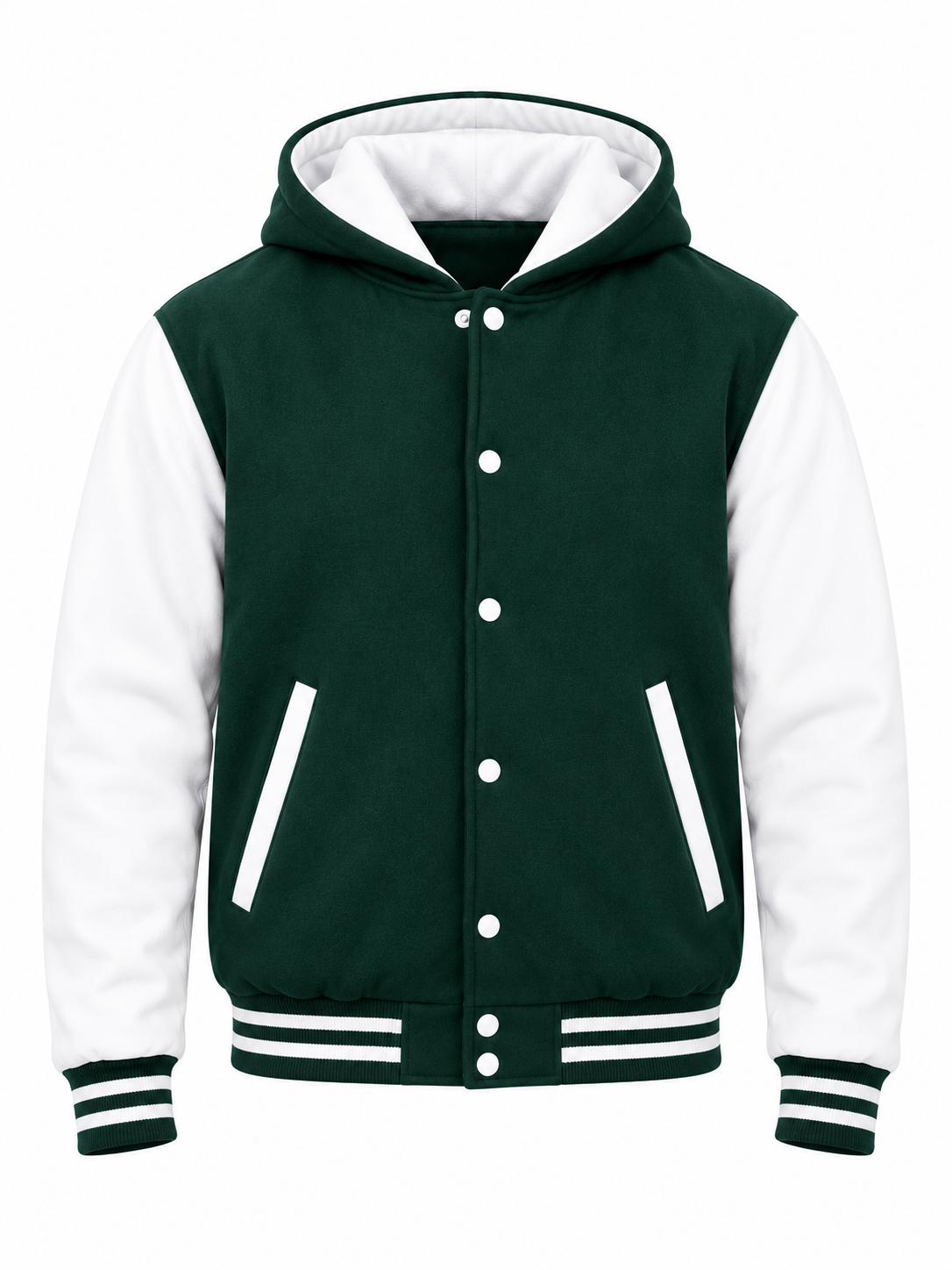 Green Wool and White Leather Sleeves Hooded Varsity Jacket Front View