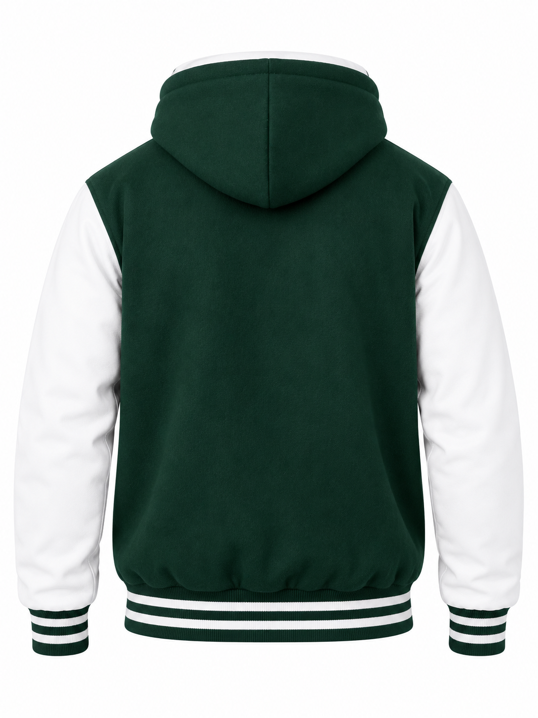 Green Wool and White Leather Sleeves Hooded Varsity Jacket Back View