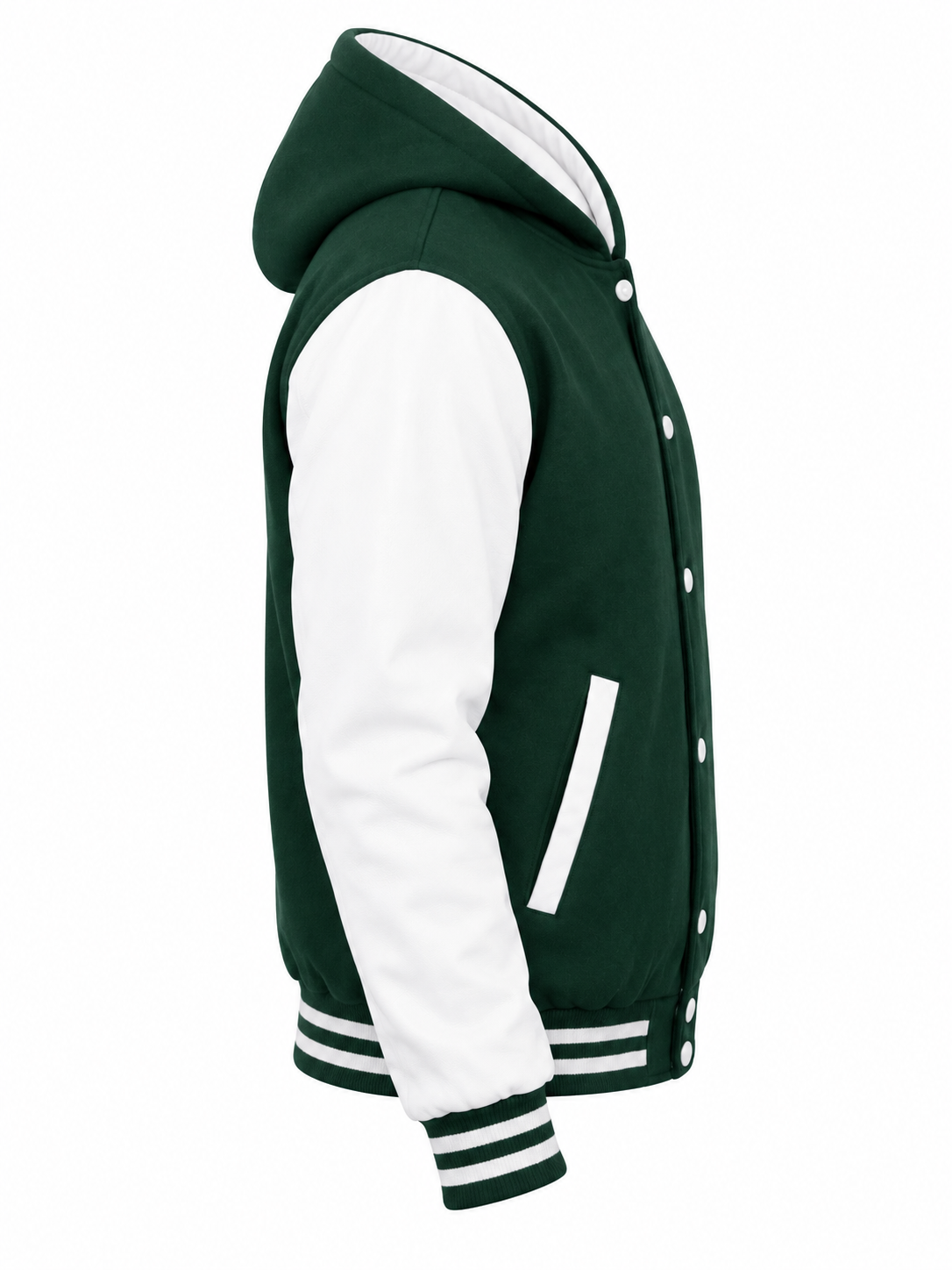 Green Wool and White Leather Sleeves Hooded Varsity Jacket Right Sleeve View