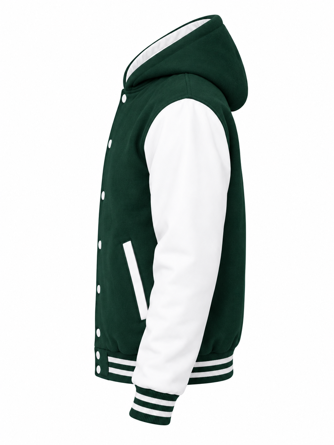 Green Wool and White Leather Sleeves Hooded Varsity Jacket Left Sleeve View