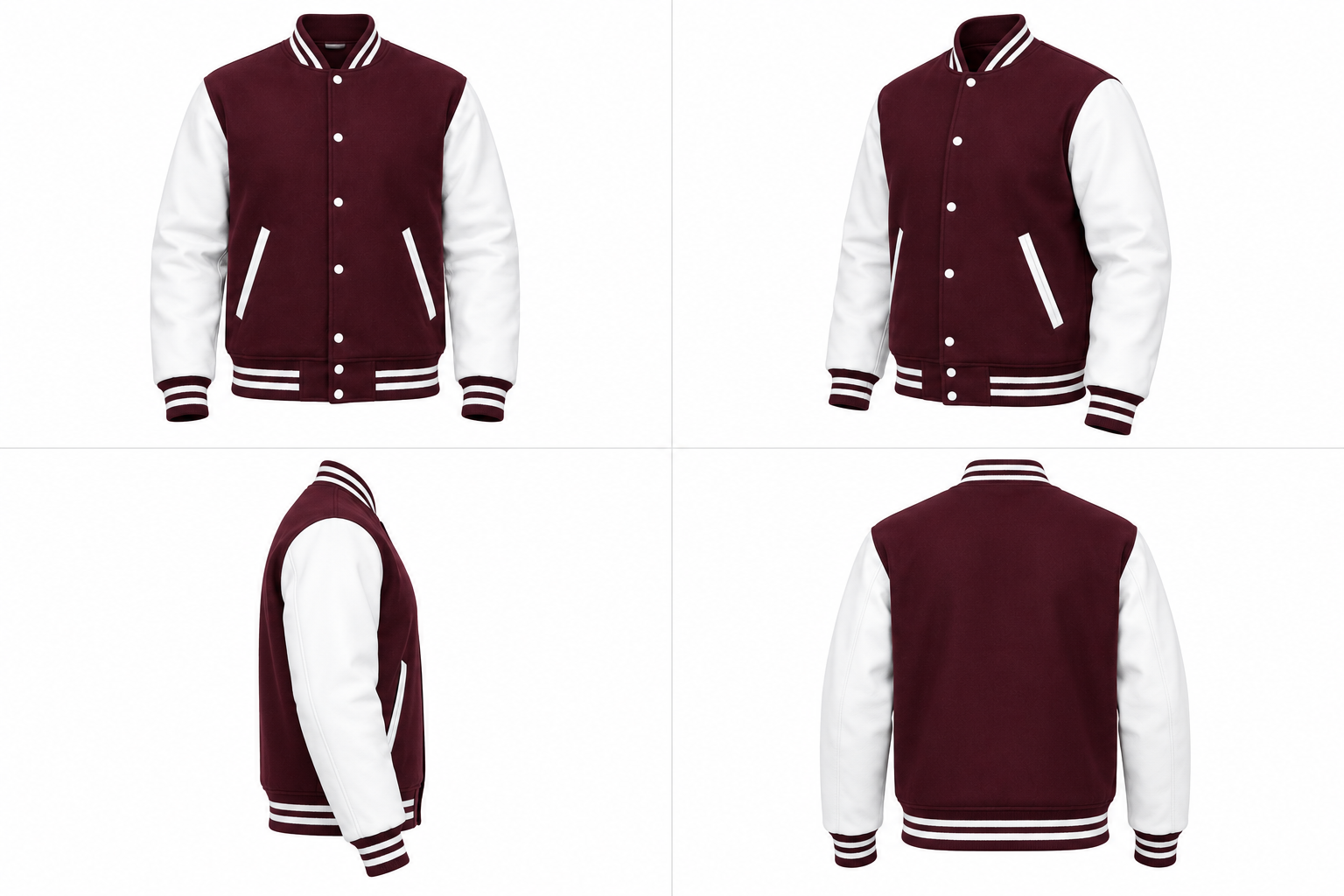Maroon Wool and White Leather Sleeves Letterman Jacket Front View