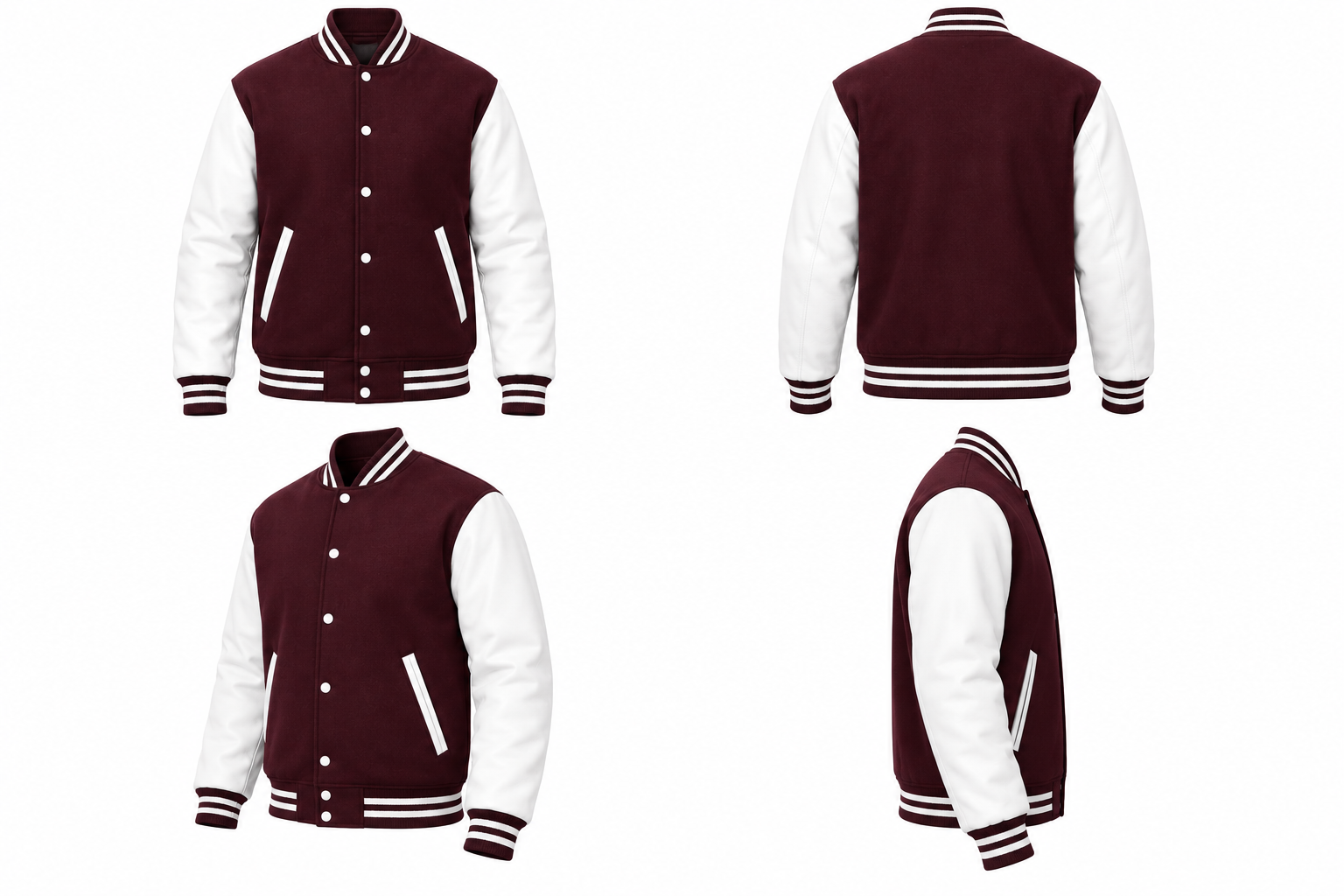 Maroon Wool and White Leather Sleeves Letterman Jacket Back View