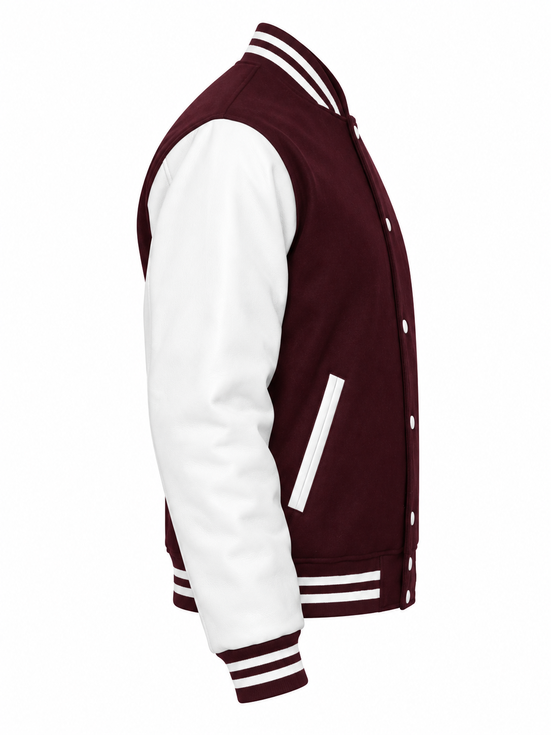 Maroon Wool and White Leather Sleeves Letterman Jacket Right Sleeve View