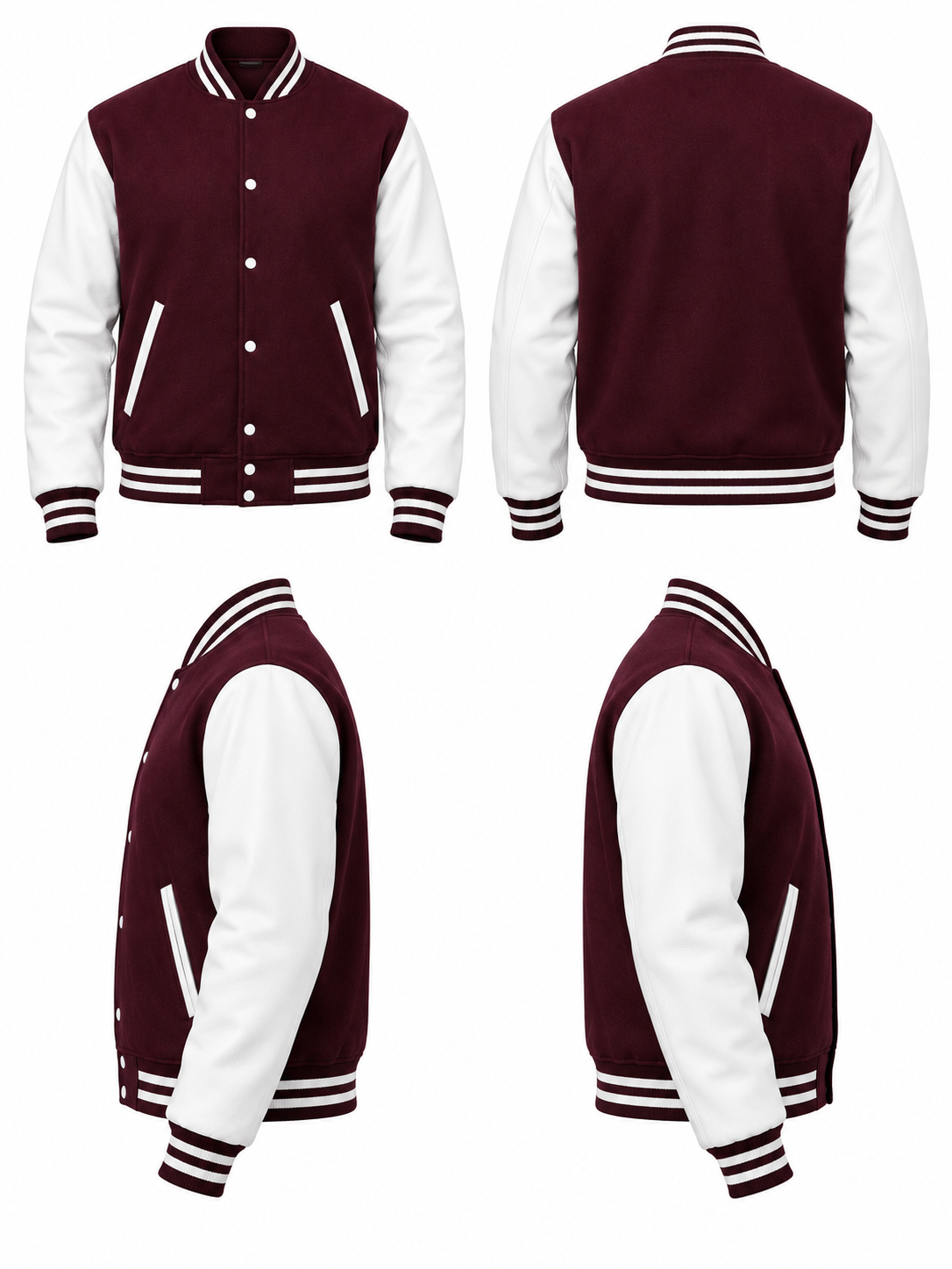Maroon Wool and White Leather Sleeves Letterman Jacket Left Sleeve View