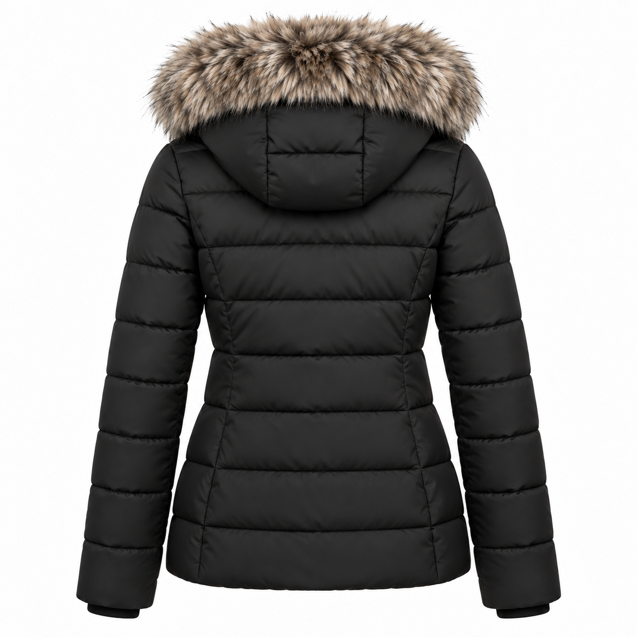 Women's Hooded Puffer Jacket with Faux Fur Hood - back view