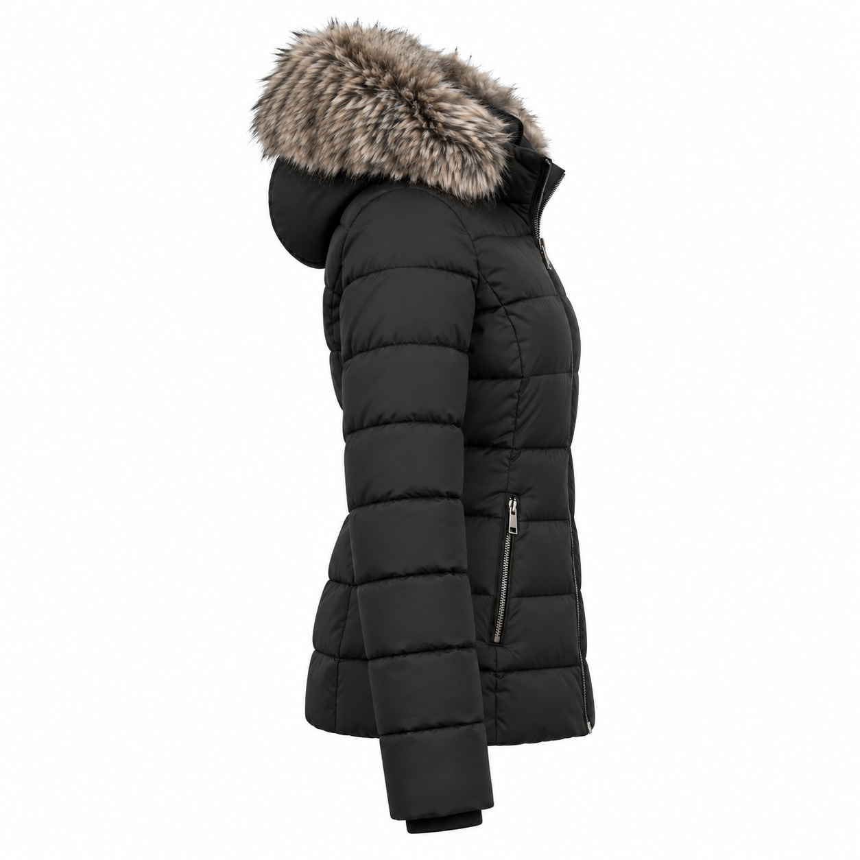 Women's Hooded Puffer Jacket with Faux Fur Hood - right side view
