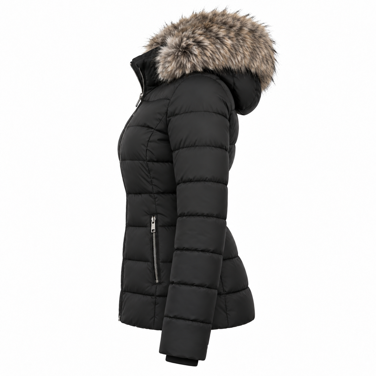 Women's Hooded Puffer Jacket with Faux Fur Hood - left side view