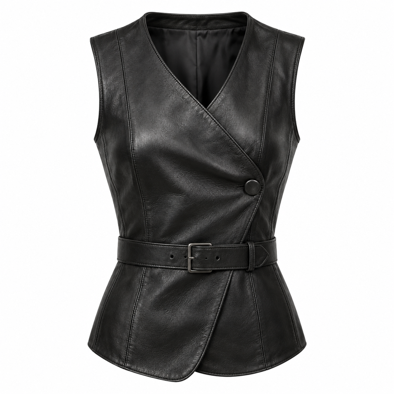Women's Asymmetric Leather Vest with Belt and Button - front view