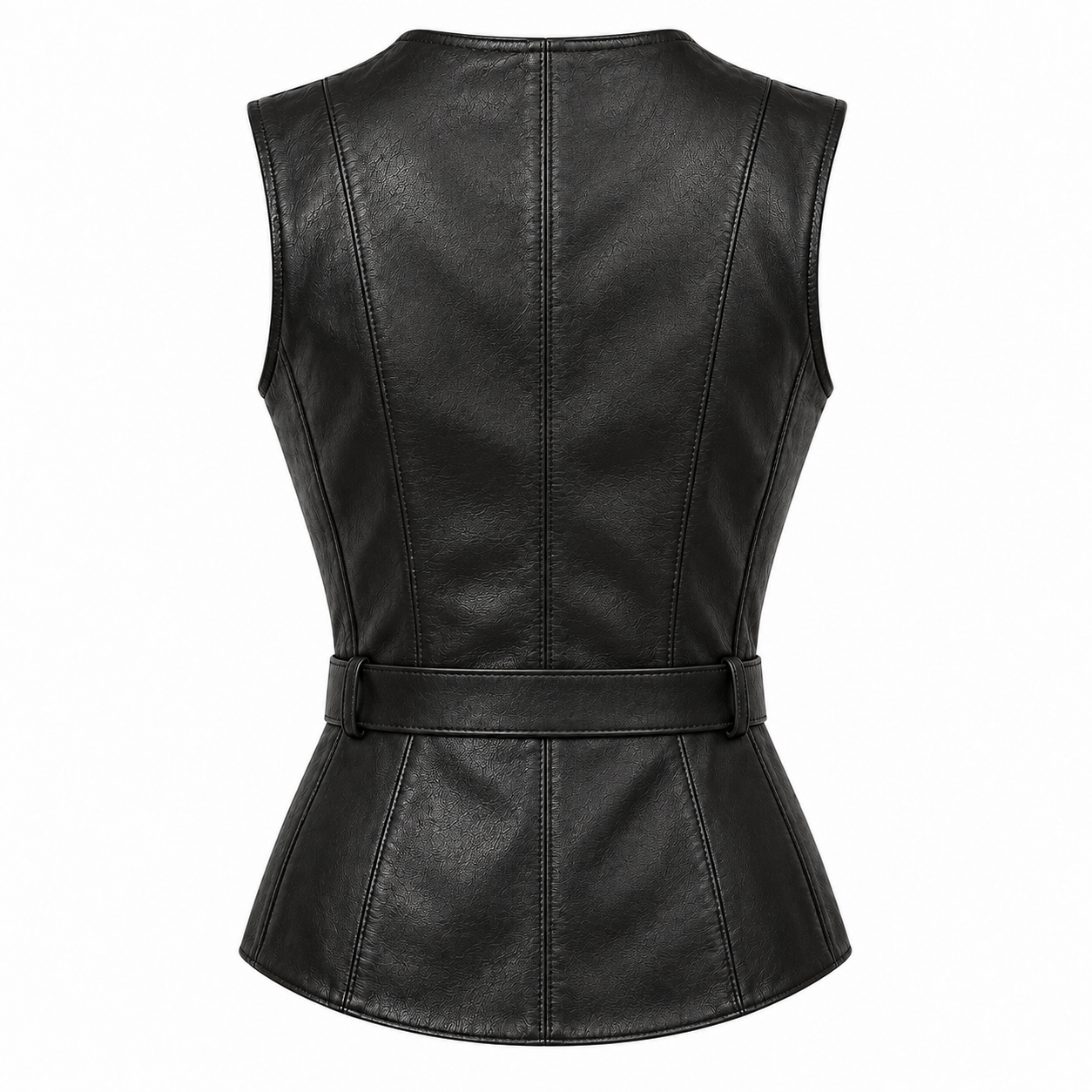 Women's Asymmetric Leather Vest with Belt and Button - back view