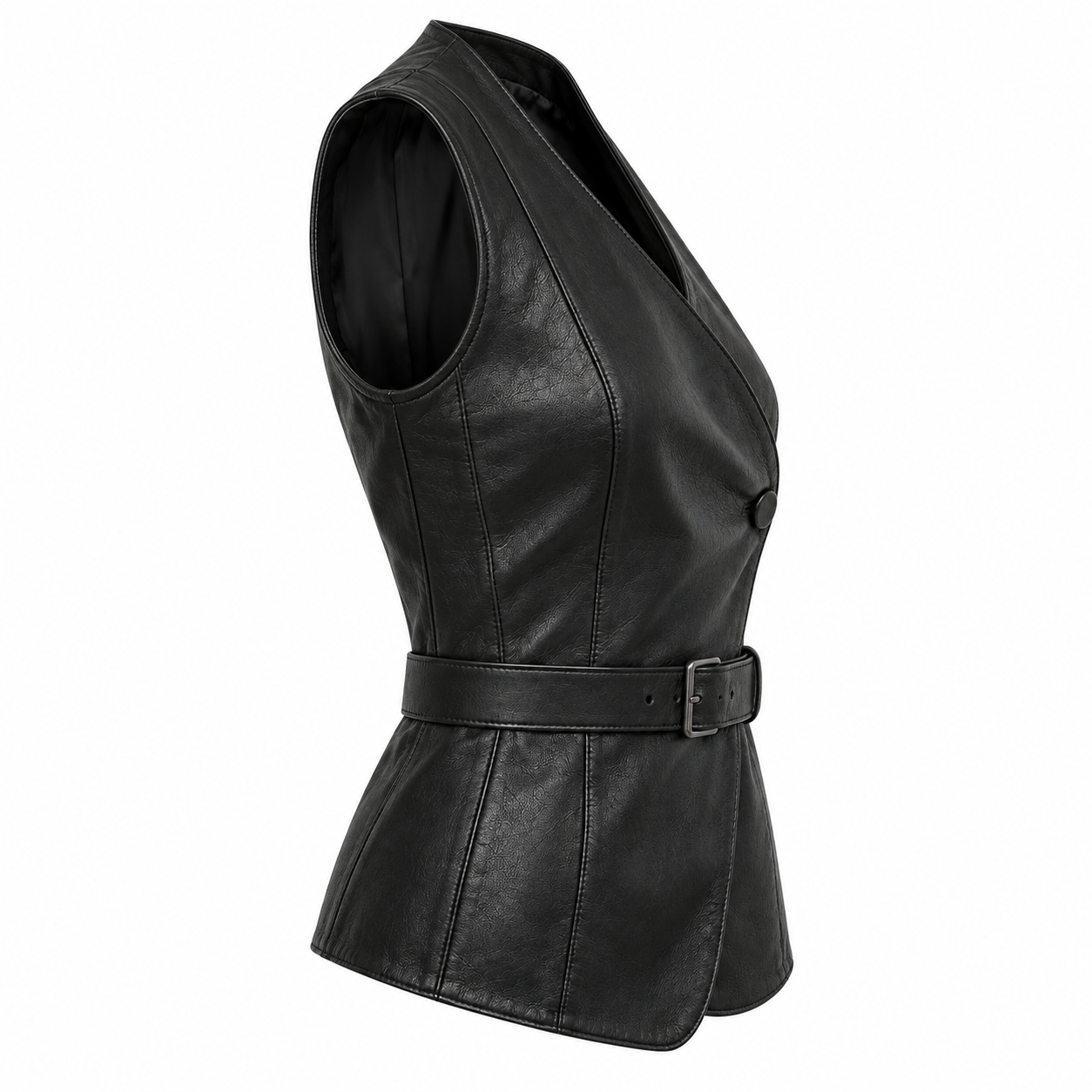 Women's Asymmetric Leather Vest with Belt and Button - right side view