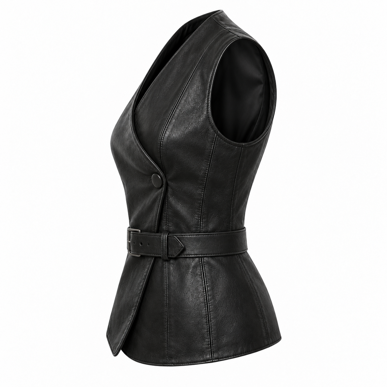 Women's Asymmetric Leather Vest with Belt and Button - left side view
