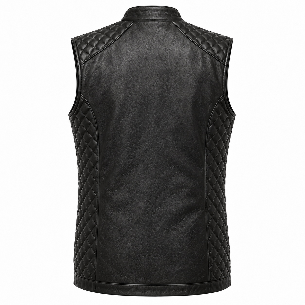 Quilted Long Leather Biker Vest, Unisex Cafe Racer Style - back view