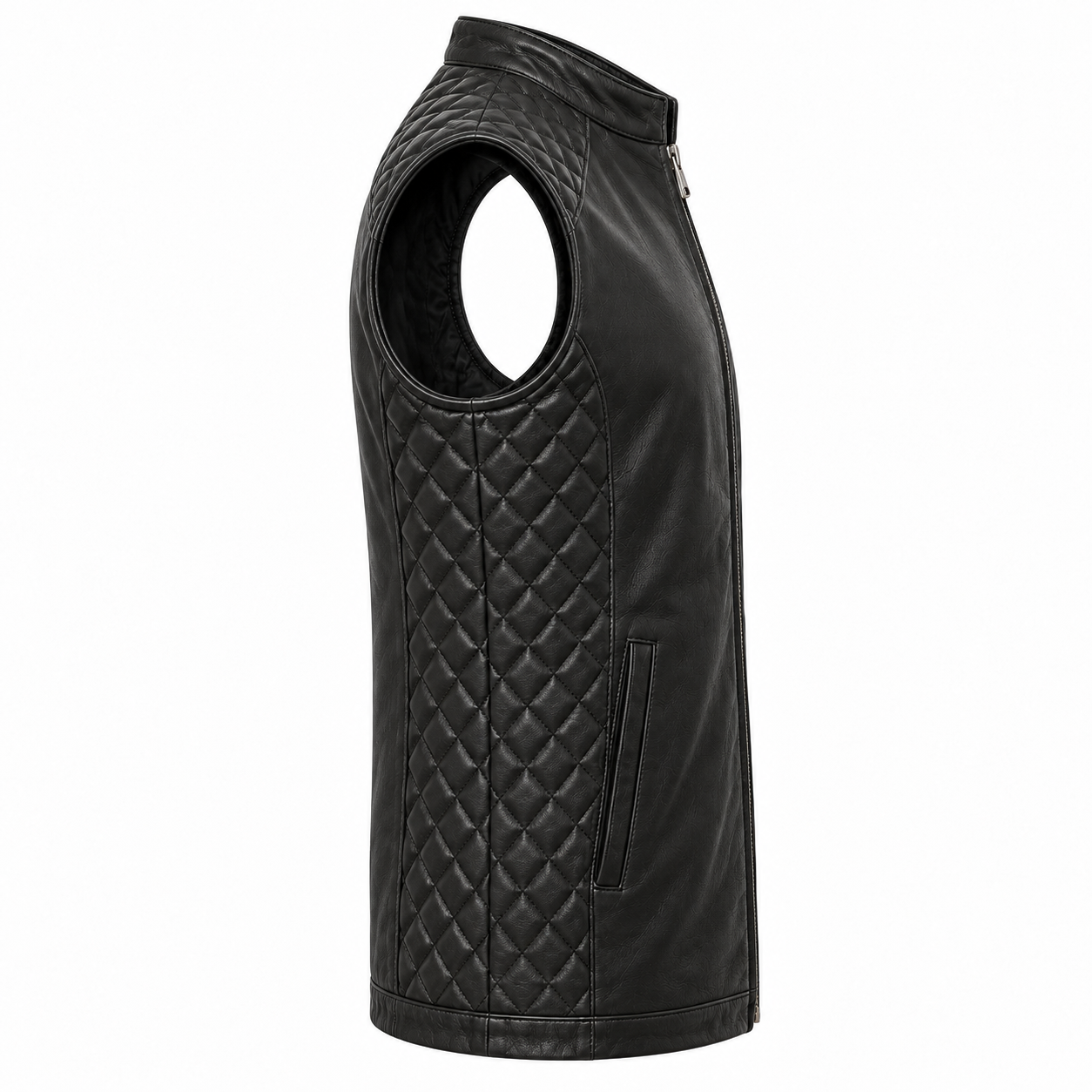 Quilted Long Leather Biker Vest, Unisex Cafe Racer Style - right side view