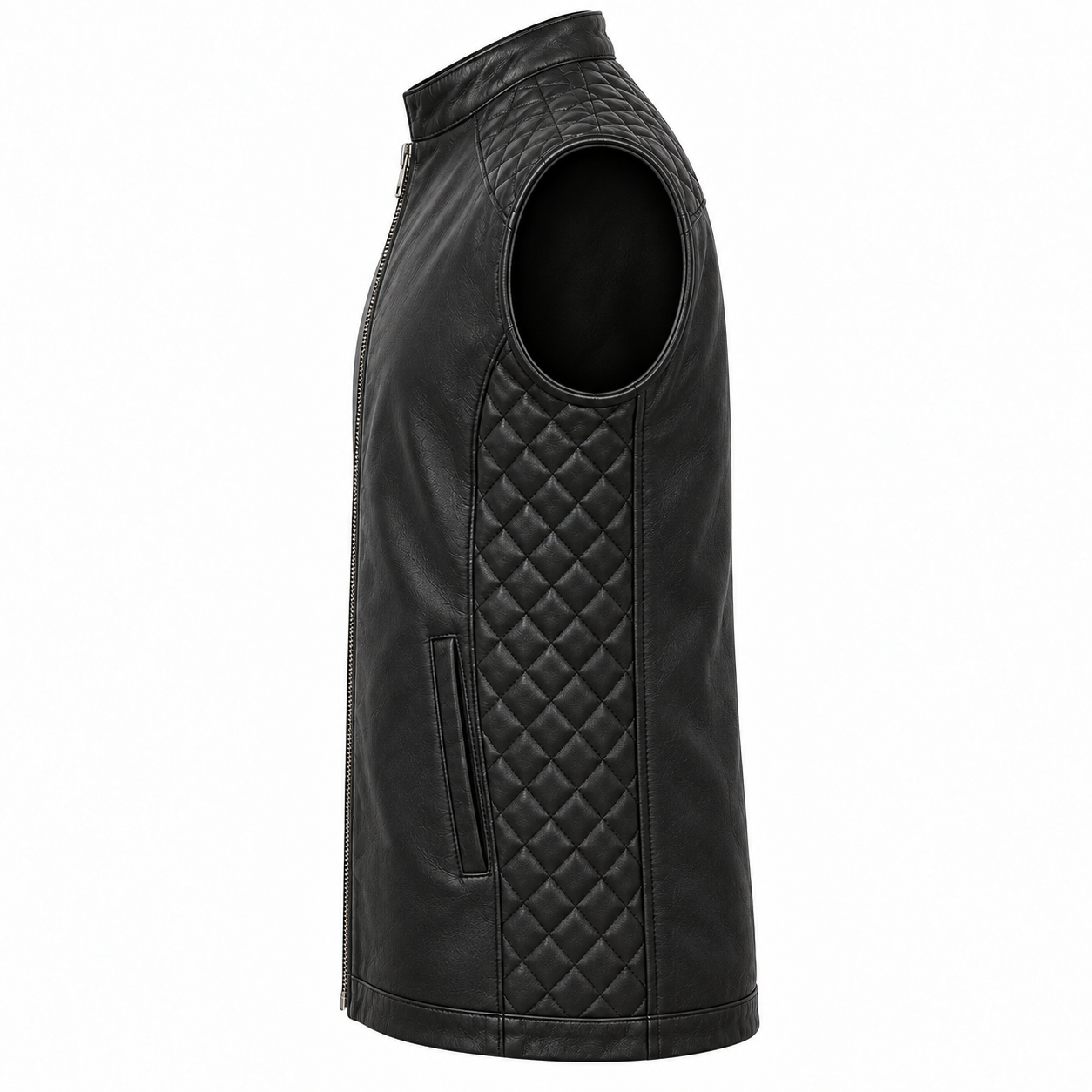 Quilted Long Leather Biker Vest, Unisex Cafe Racer Style - left side view