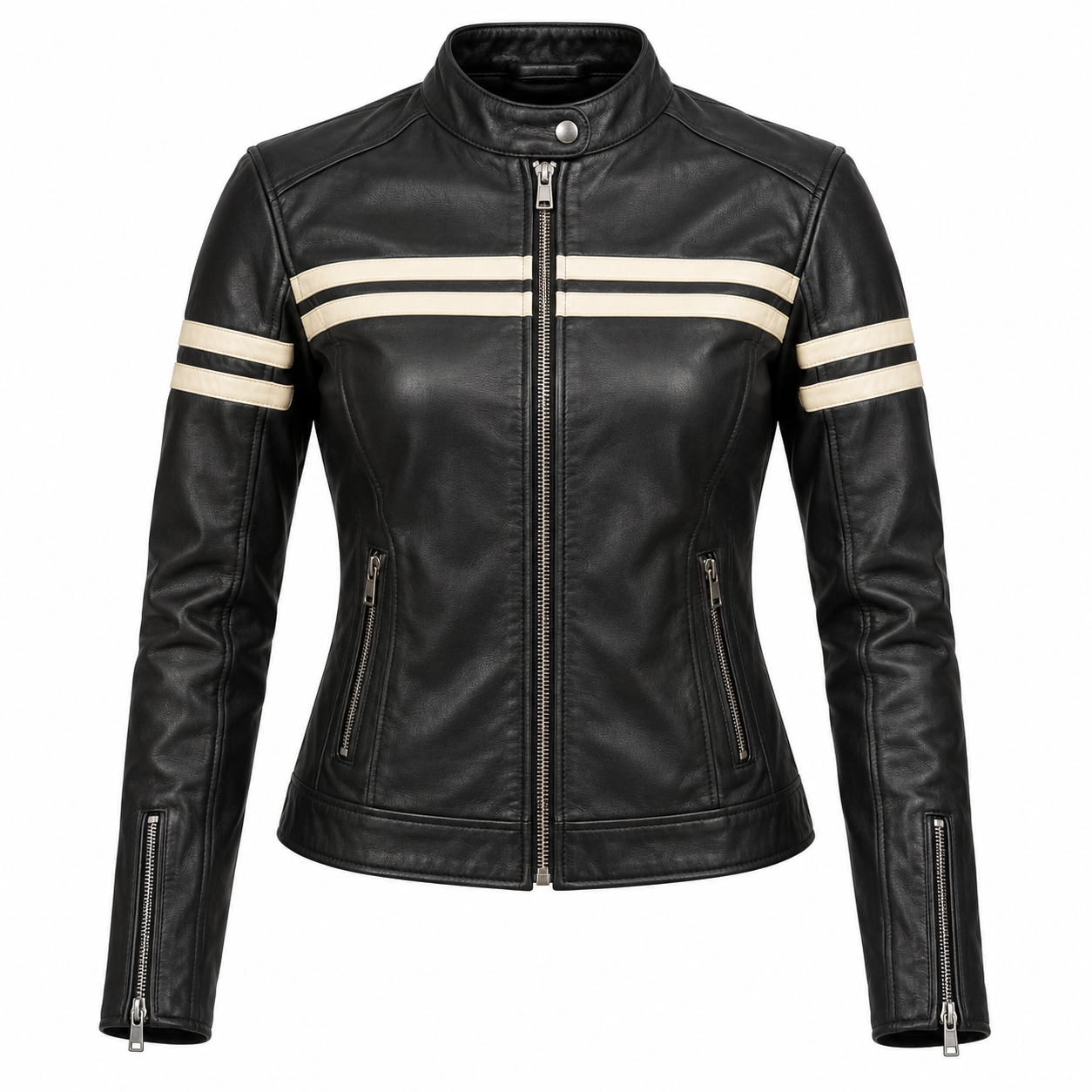 Women's Cafe Racer Leather Racing Jacket - front view