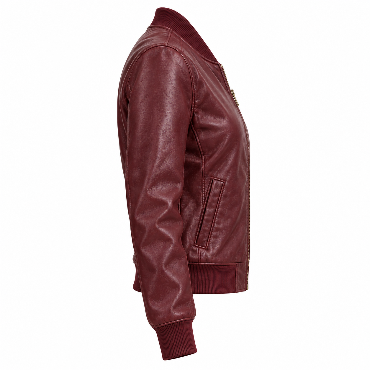 Women's Burgundy Leather Bomber Jacket, Vintage Zip Up - right side view
