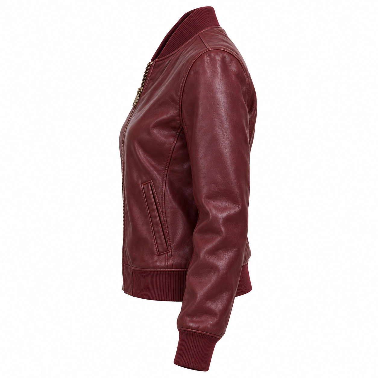 Women's Burgundy Leather Bomber Jacket, Vintage Zip Up - left side view