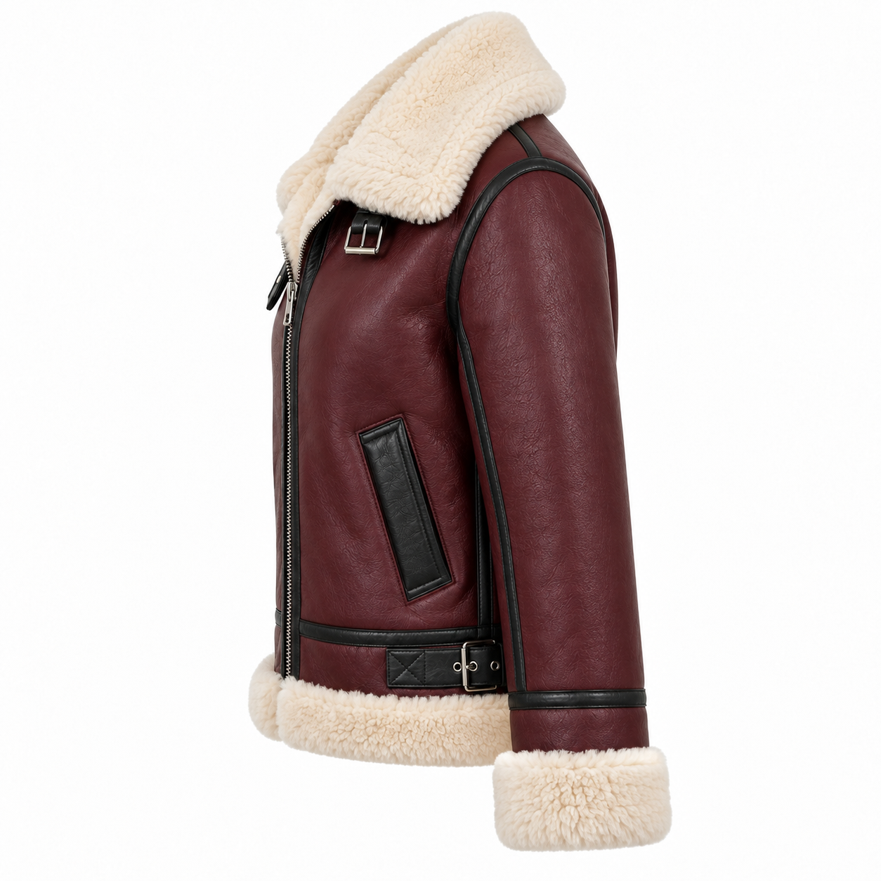 Women's Shearling Aviator Leather Bomber Coat - left side view
