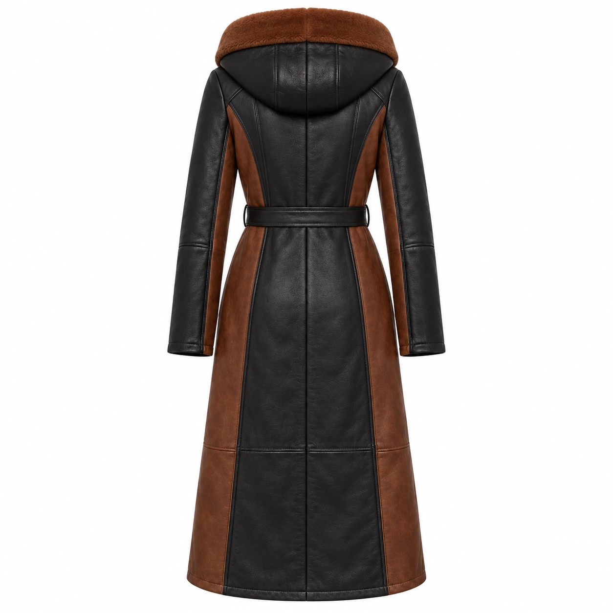 Women's Two Tone Sheepskin Hooded Leather Coat - back view