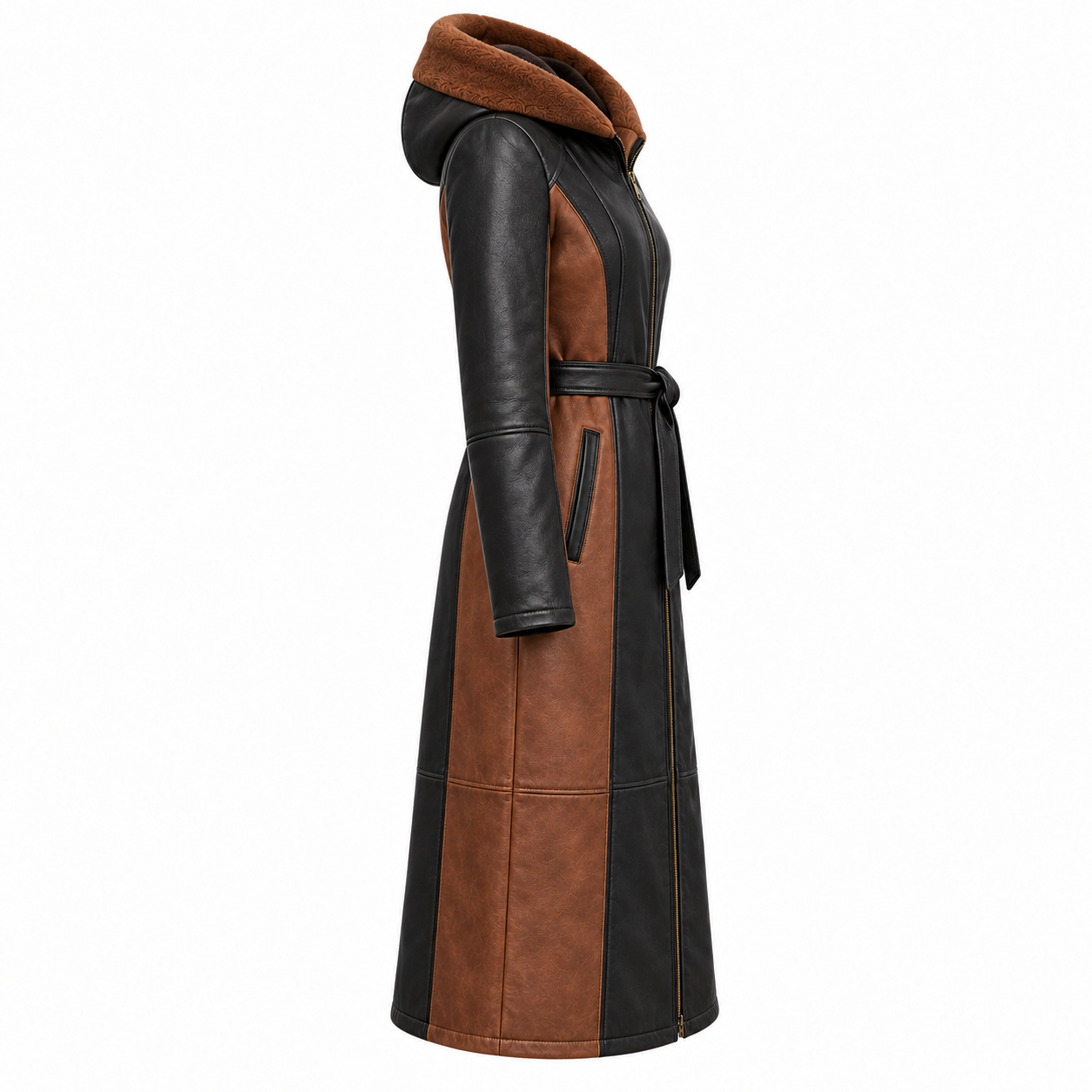 Women's Two Tone Sheepskin Hooded Leather Coat - right side view