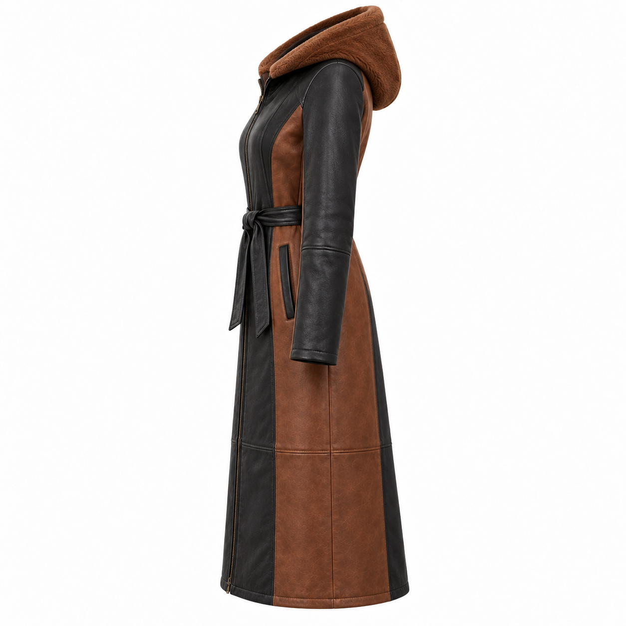 Women's Two Tone Sheepskin Hooded Leather Coat - left side view