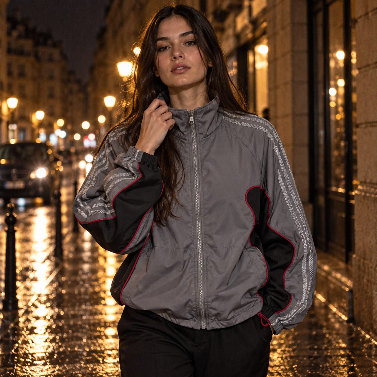 Chaqueta deportiva Adidas gris con ribetes rojos, vista principal